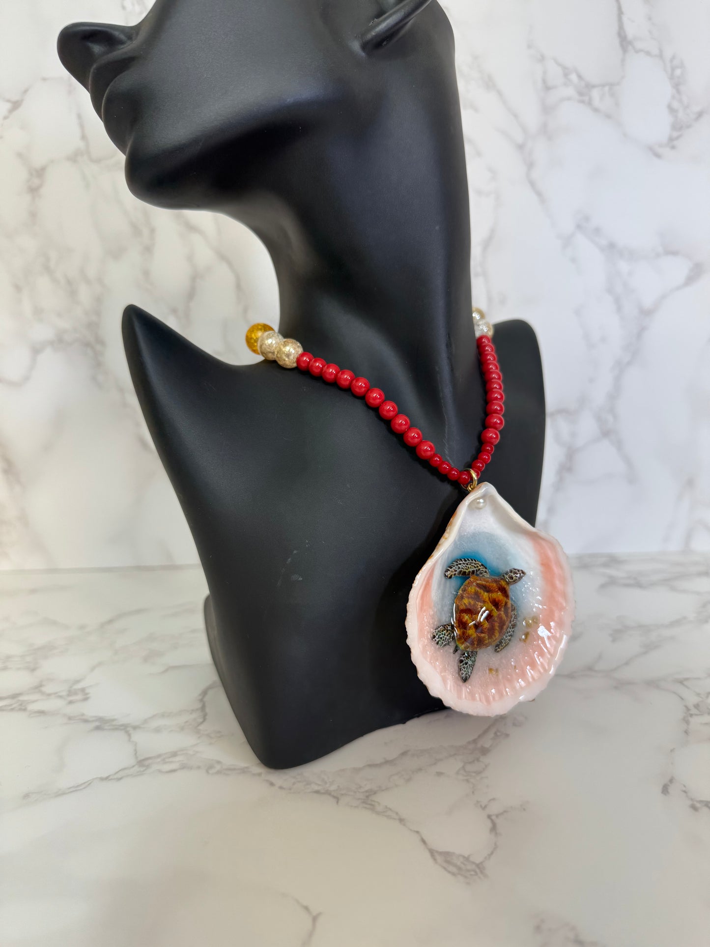 Brown Sea Turtle Resin‑Encased Handmade Sea Turtle Necklace Encapsulated in Real Shell with UV Resin on Fine Colored Crystal Beads