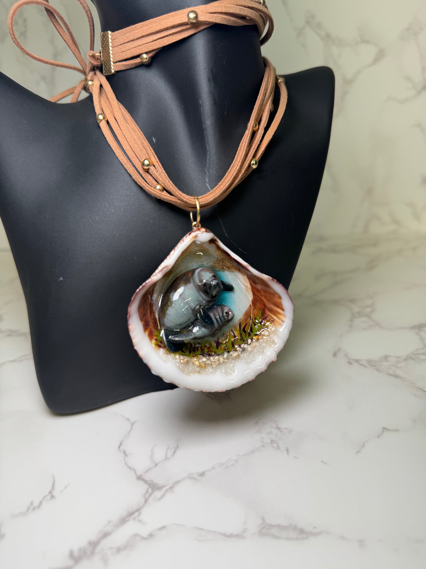 Green Handmade Manatee Couple Necklace Encapsulated in Real Shell with UV Resin on Stones Strand