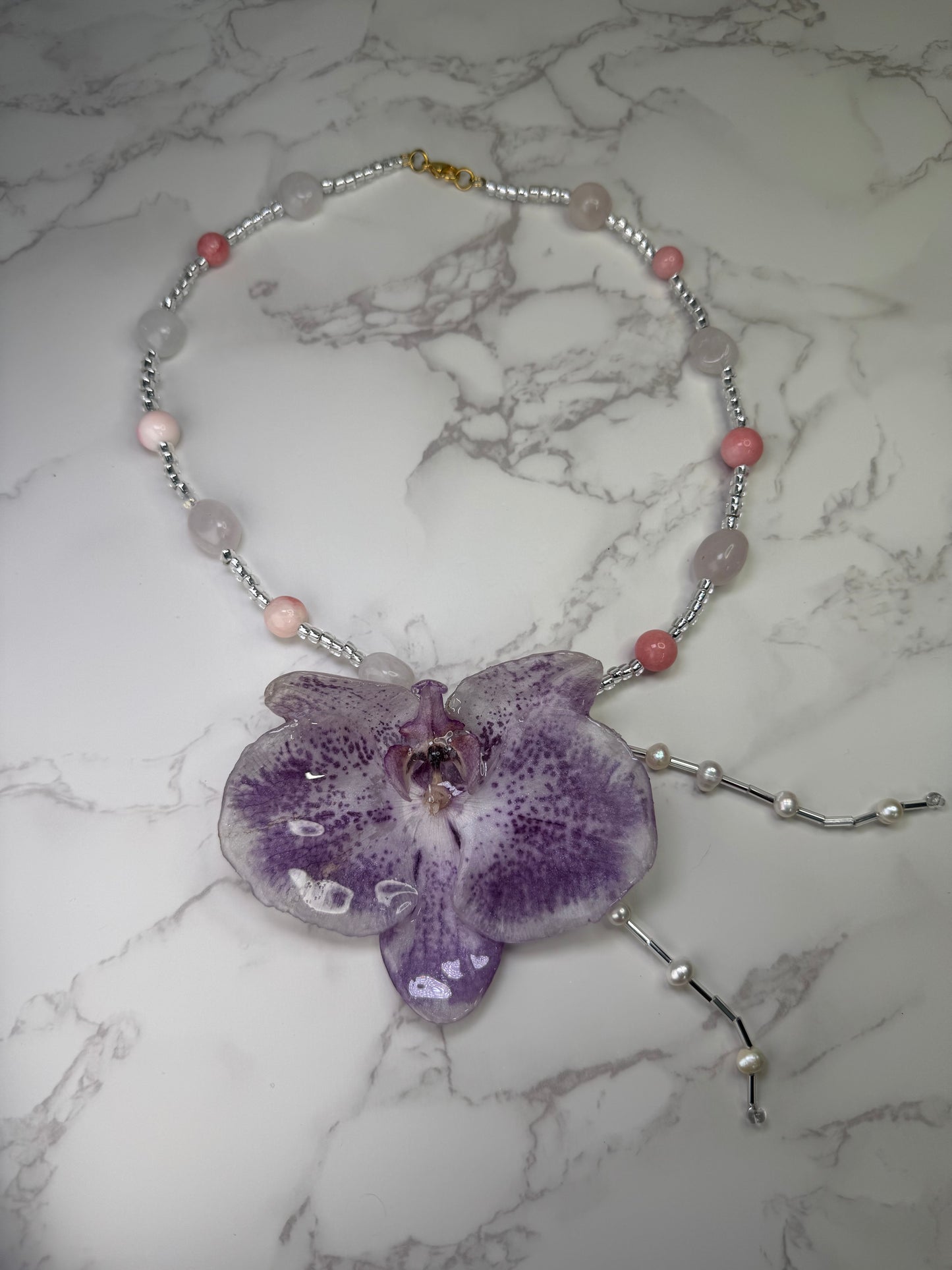 White & Purple Orchid Resin Necklace