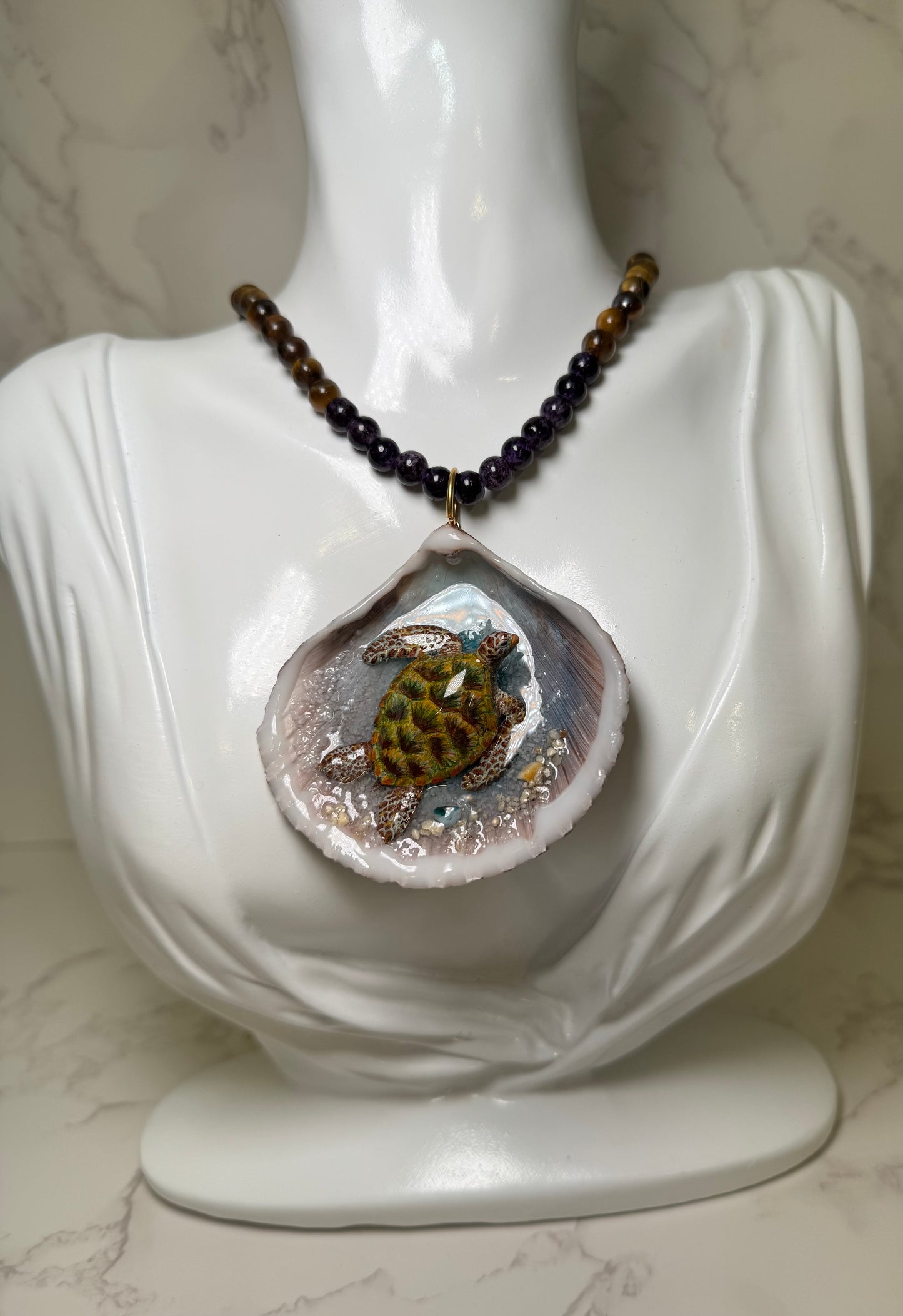 Green Sea Turtle Handmade Sea Turtle Necklace Encapsulated in Real Shell with UV Resin on Fine Colored Crystal Beads