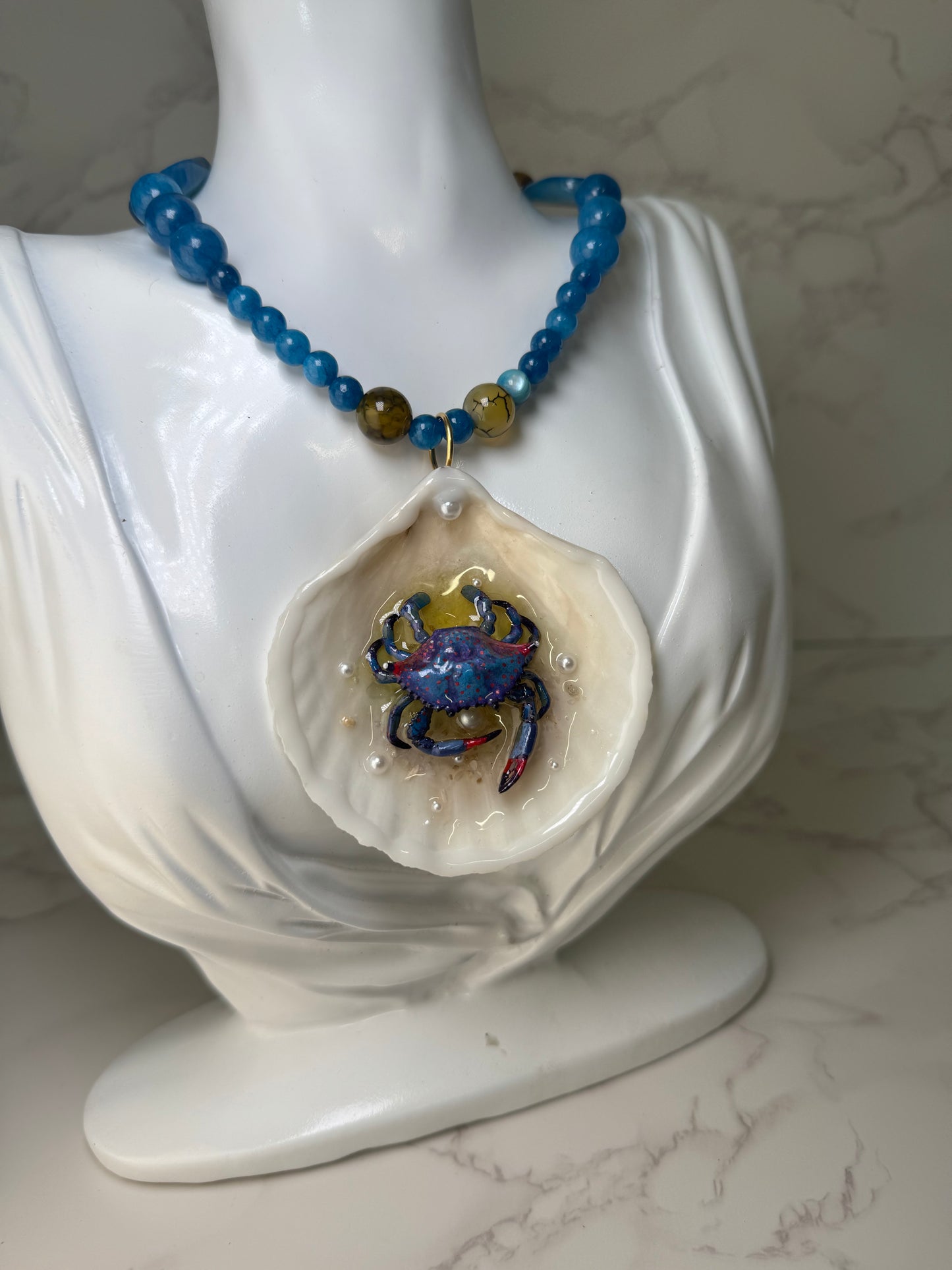 Blue Crab with Red Accents Shell Necklace - Encapsulated in Real Shell with UV Resin