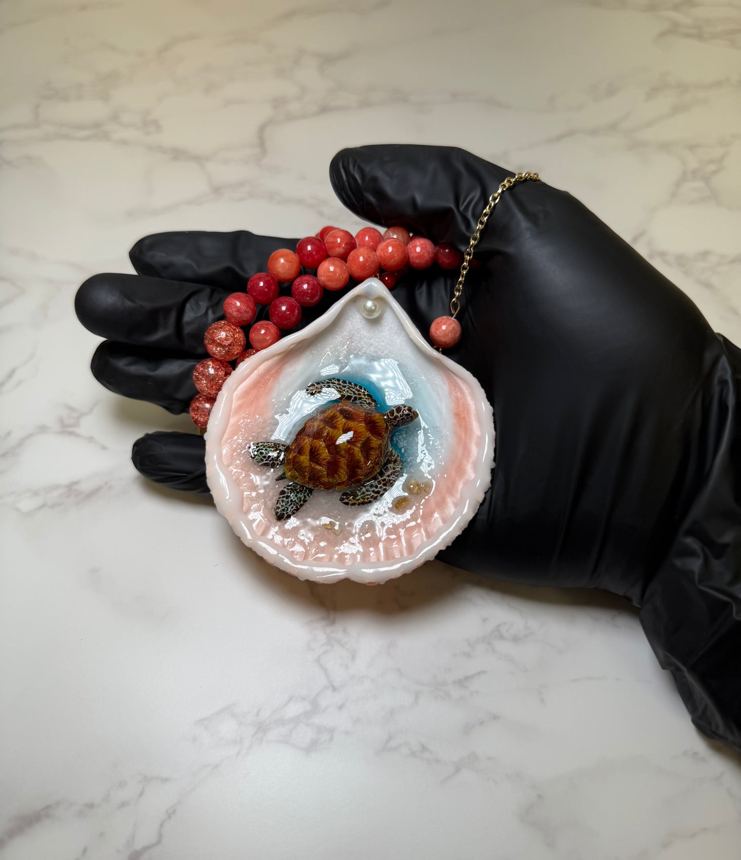 Brown Sea Turtle Resin‑Encased Handmade Sea Turtle Necklace Encapsulated in Real Shell with UV Resin on Fine Colored Crystal Beads