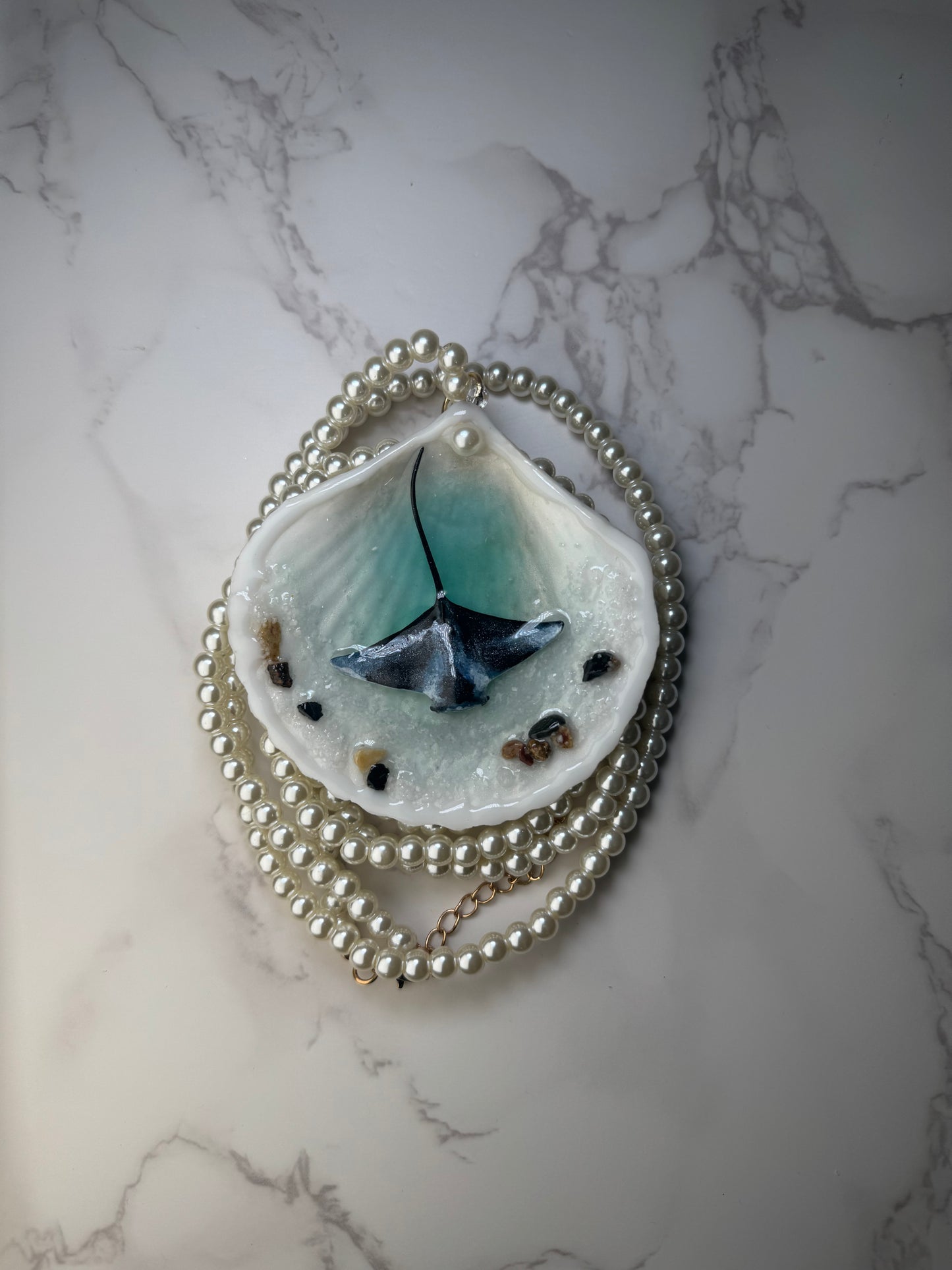 Manta Cielo Beautiful Handmade Manta Ray Necklace Encapsulated in Real Shell with UV Resin on Fine Crystal Beads