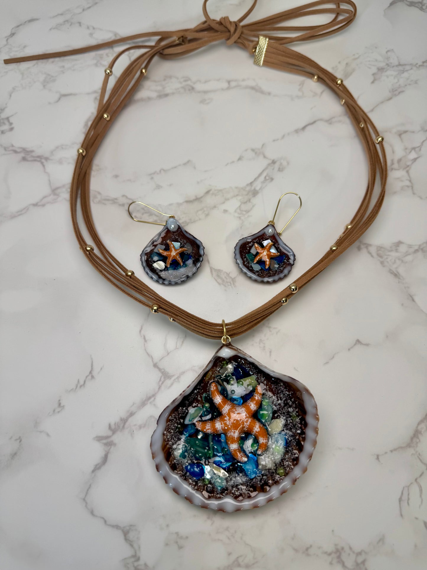 Set Beautiful Orange StarFish with Rocks Handmade Orange Starfish Necklace with White Dots Encapsulated in Real Shell with UV Resin