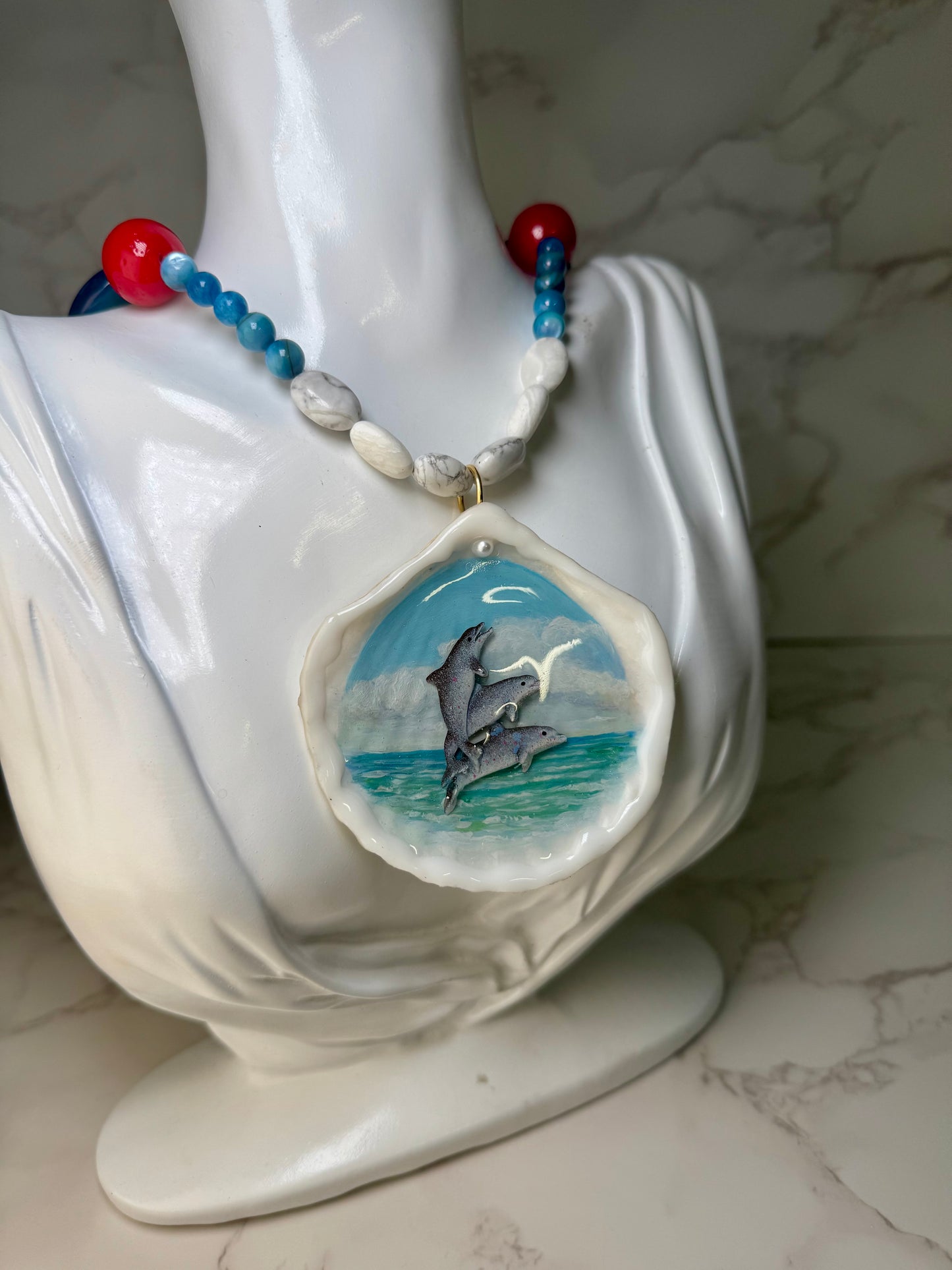 Three Dolphins Necklace Resin‑Encased Handmade Trio of Dolphins Necklace Encapsulated in Real Shell with UV Resin on Fine Colored Crystal Beads