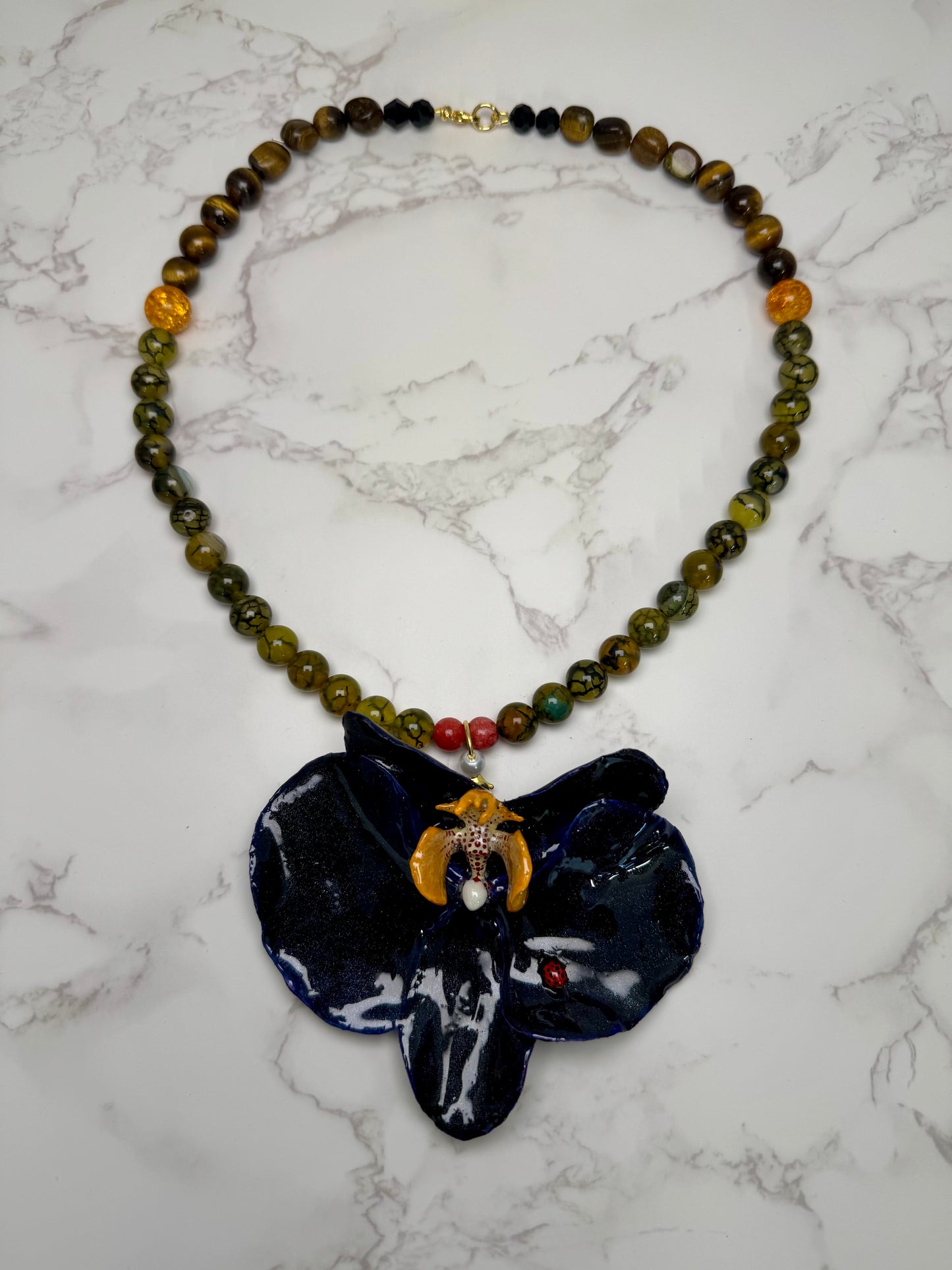 Dark Blue Orchid with Ladybug Necklace Real Preserved Orchid Jewelry – Natural Orchids in UV Resin