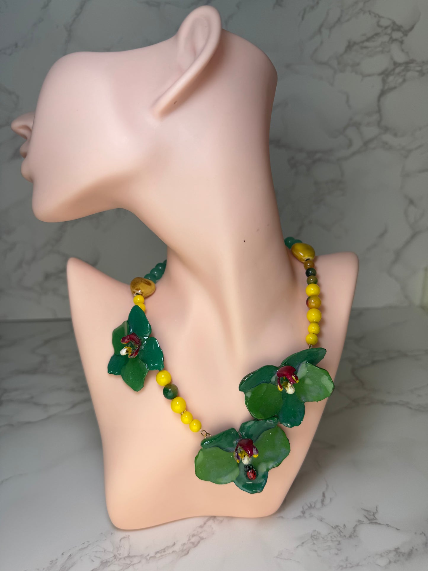 Three Green Asymmetrical Orchids Necklace - Real Orchid Necklace – Natural Flower Preserved in Resin