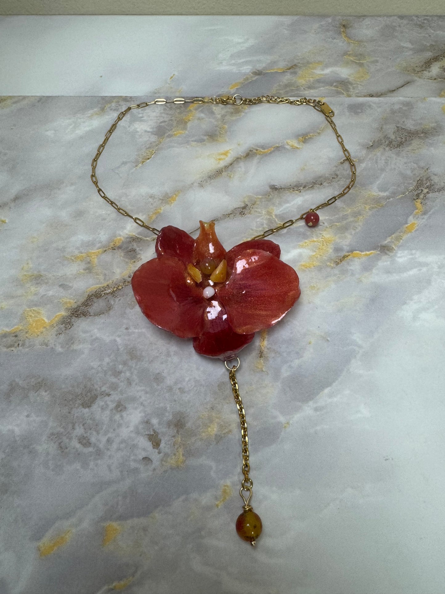 Real Red-Orange Orchid Real orchid dried in silica gel and preserved in ultraviolet Resin Necklace Stainless steel Chain