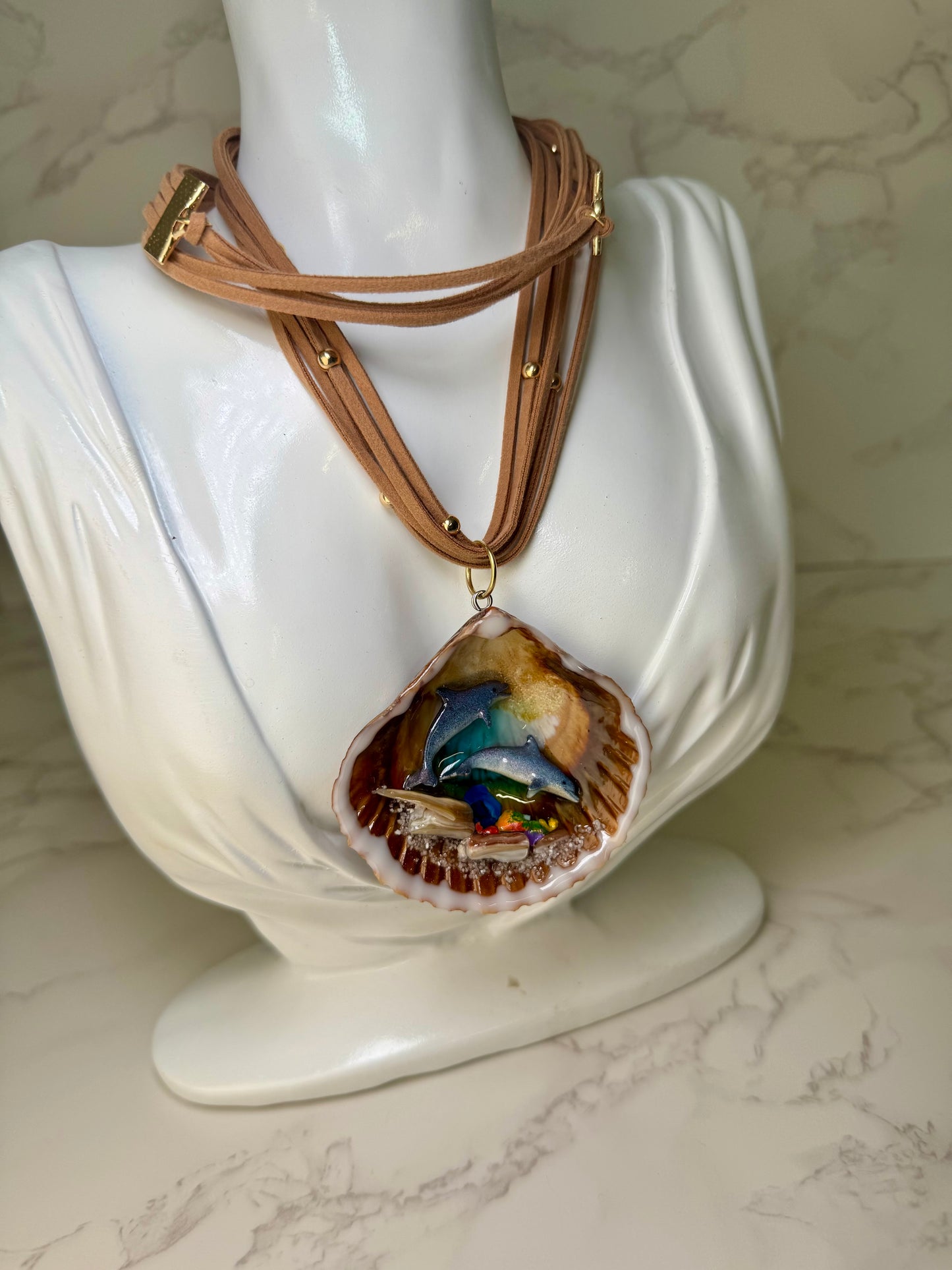 Dolphin Duo Diving Small Reef Shell Necklace - Encapsulated in Real Shell with UV Resin on Adjustable Leather Cord