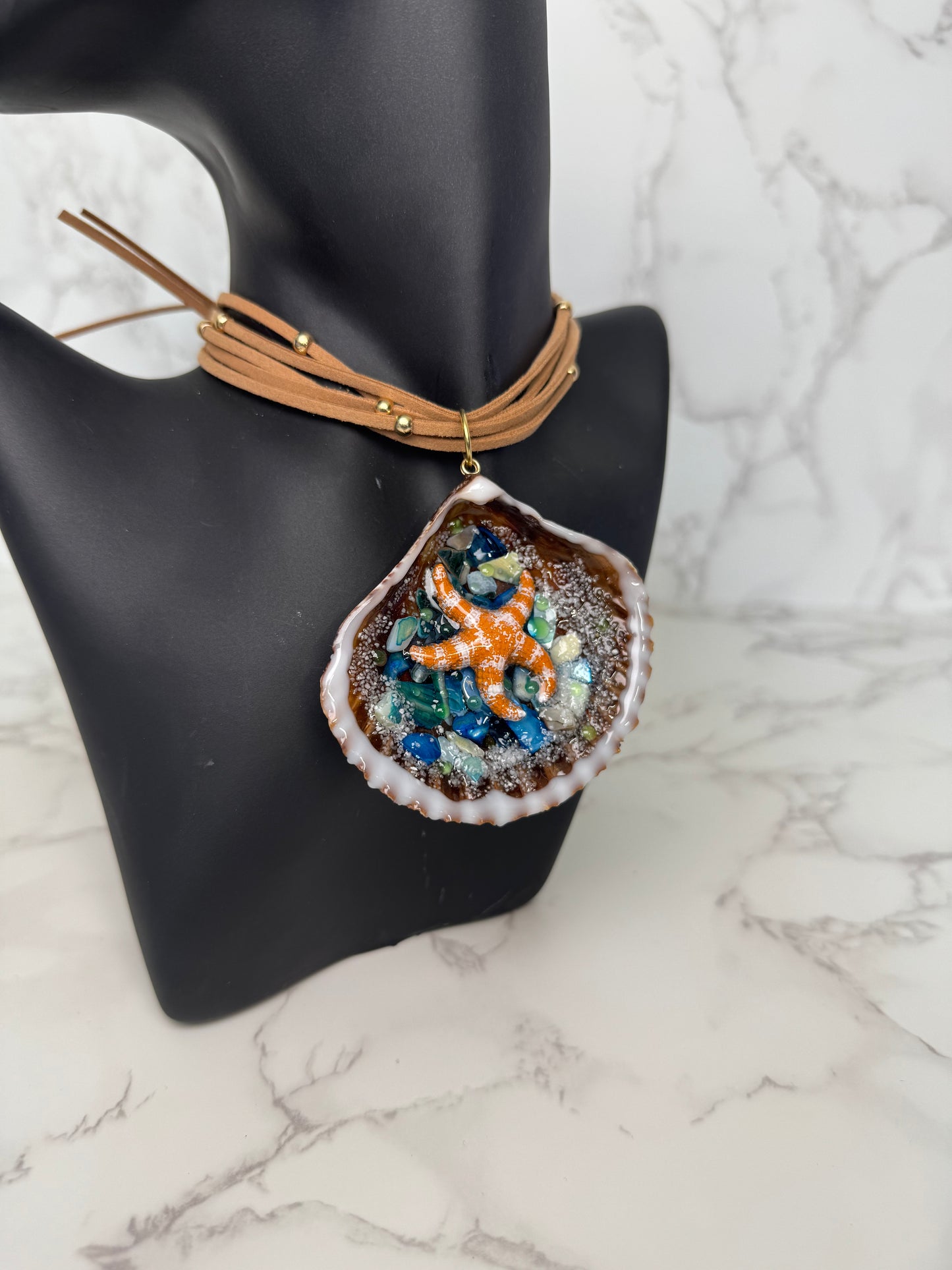 Set Beautiful Orange StarFish with Rocks Handmade Orange Starfish Necklace with White Dots Encapsulated in Real Shell with UV Resin