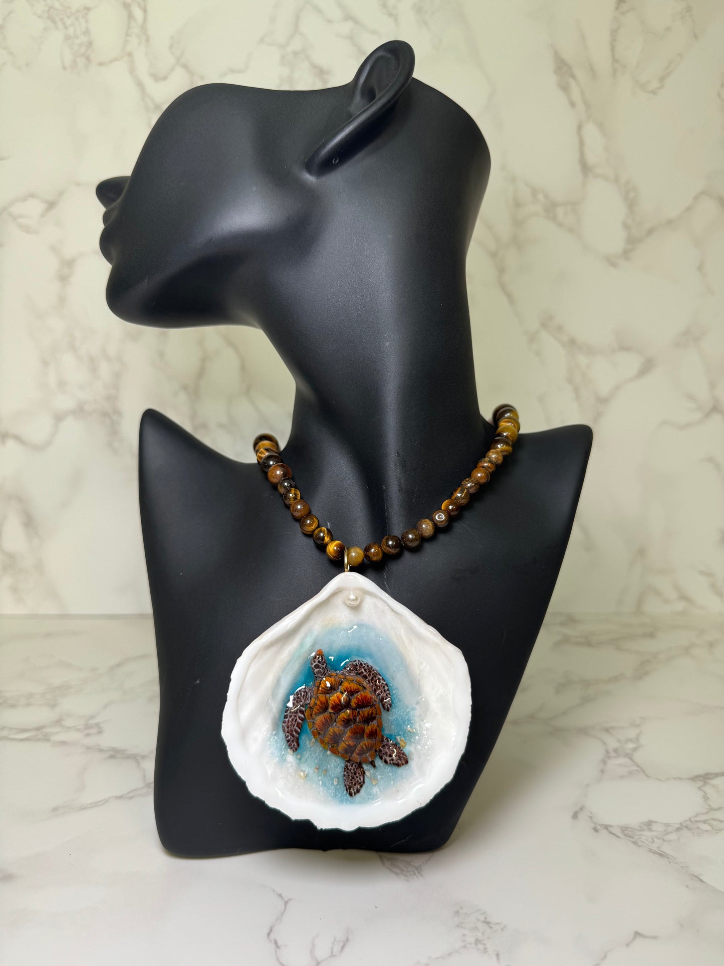 Dark Brown Sea Turtle Resin‑Encased Sea Turtle in Shell with UV Resin on Crystal Bead Necklace