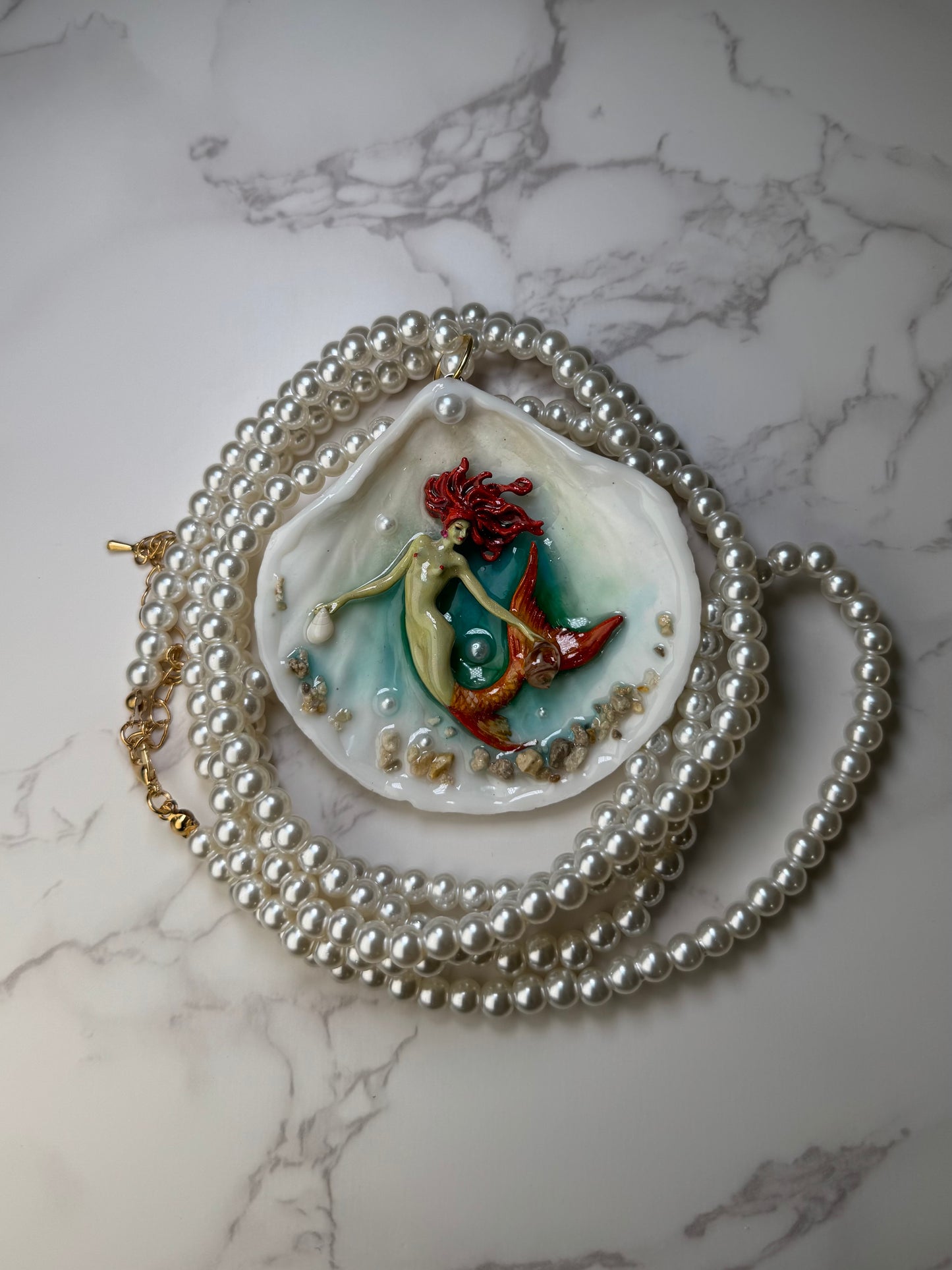 Summer Orange Mermaid Sea Shell Necklace – Mermaid in Shell with UV Resin