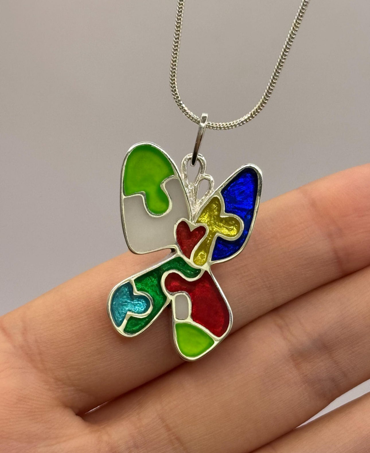 Autism Acceptance Necklace, Handcrafted in 925 Sterling Silver with Epoxy Resin, Smooth, Glossy, and Durable Fisnish. Unique Detailed Pendant for Spreading Austim Awareness. Handmade in USA