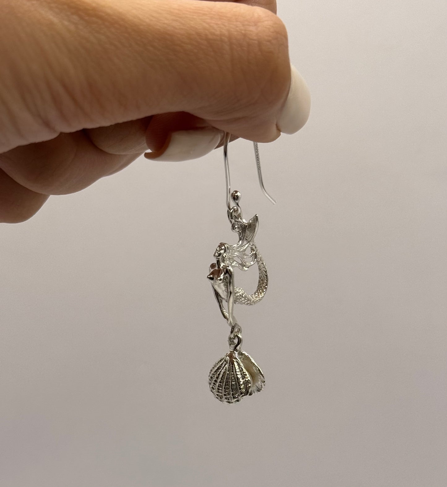 Mermaid Dangle Earrings with Pearl in the Shell for Women, Handcrafted in 925 Sterling Silver, Made in USA