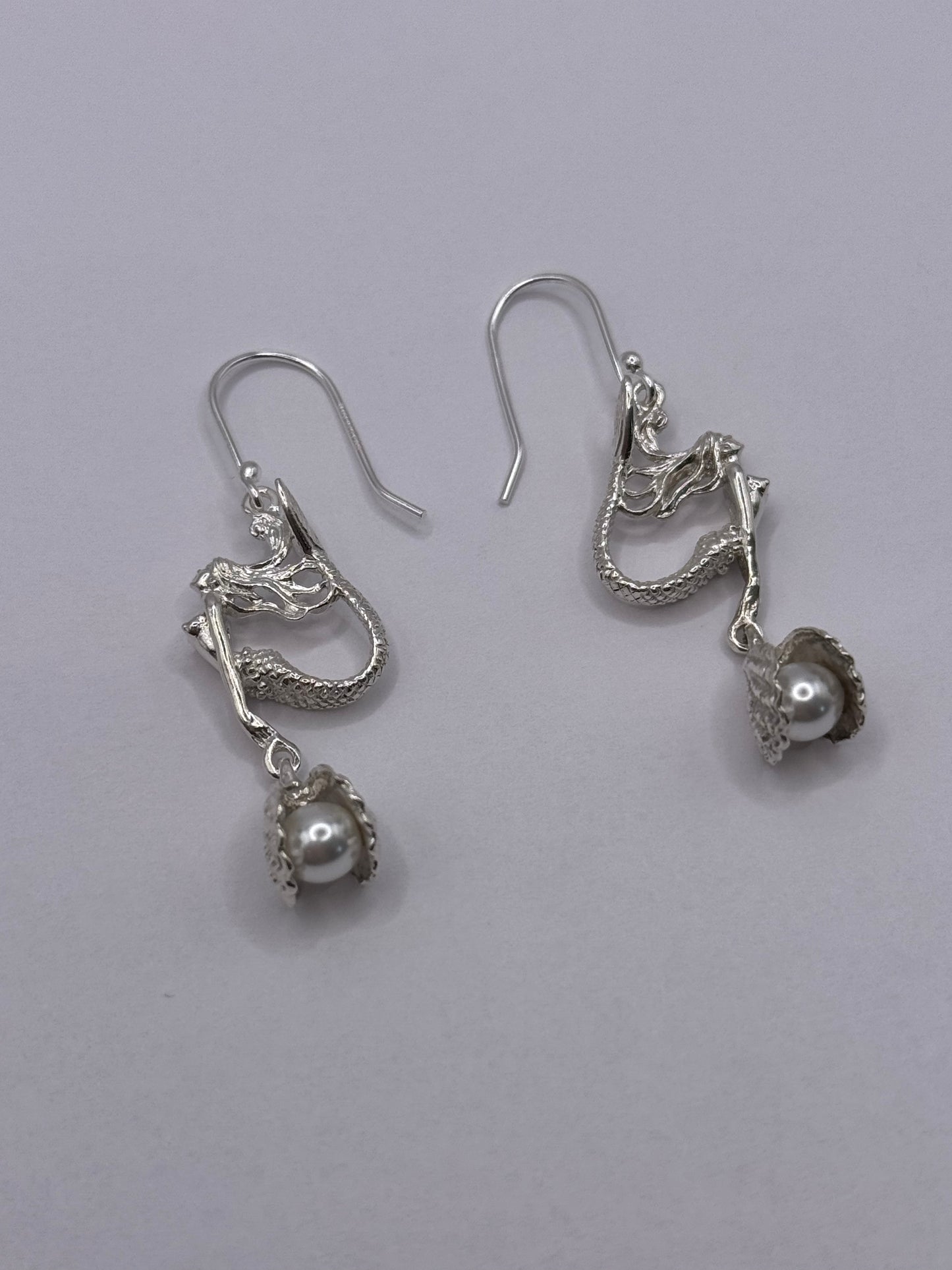 Mermaid Dangle Earrings with Pearl in the Shell for Women, Handcrafted in 925 Sterling Silver, Made in USA