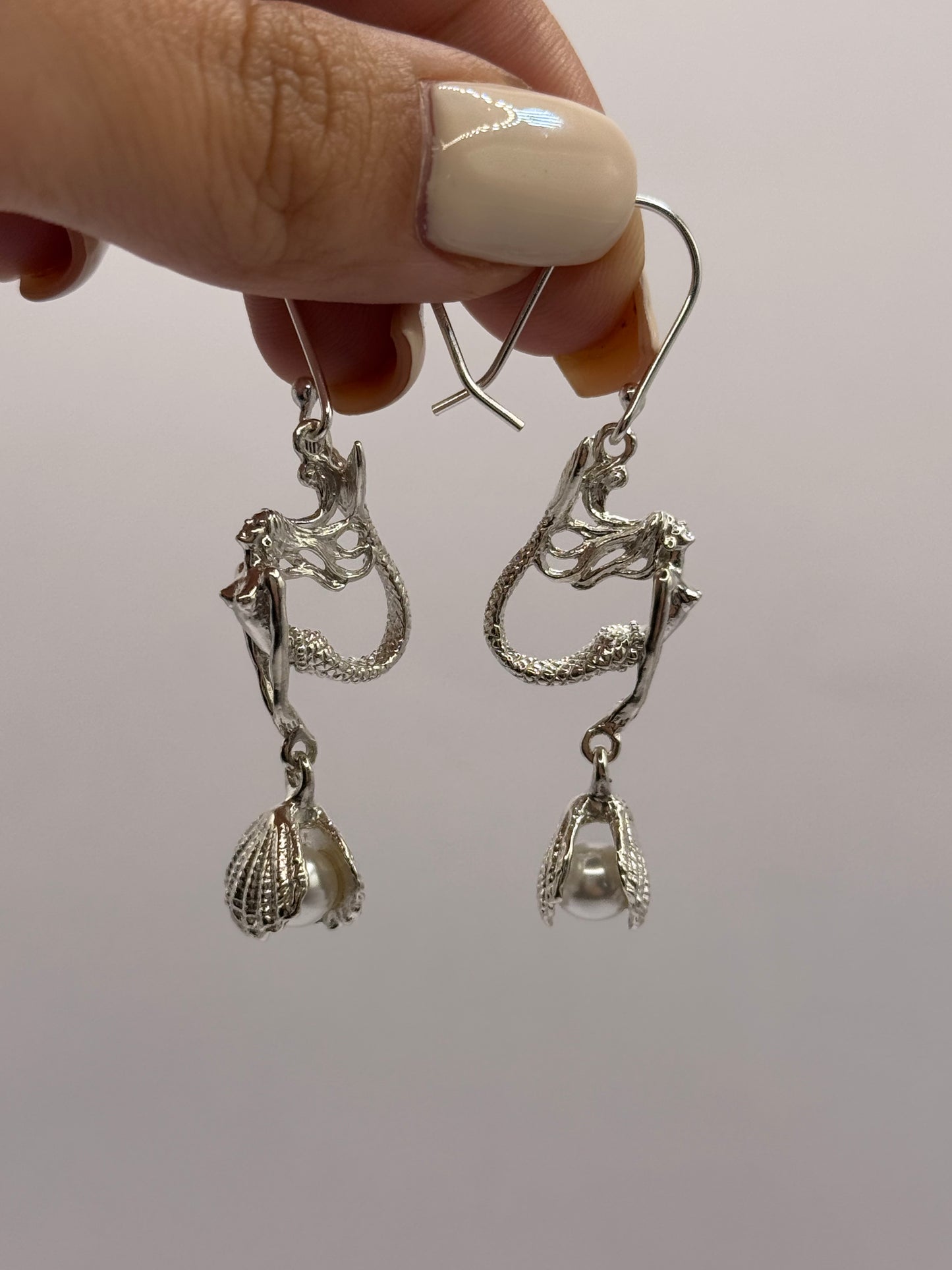 Mermaid Dangle Earrings with Pearl in the Shell for Women, Handcrafted in 925 Sterling Silver, Made in USA