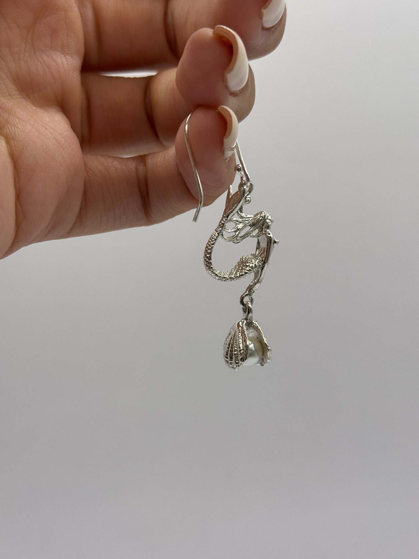 Mermaid Dangle Earrings with Pearl in the Shell for Women, Handcrafted in 925 Sterling Silver, Made in USA