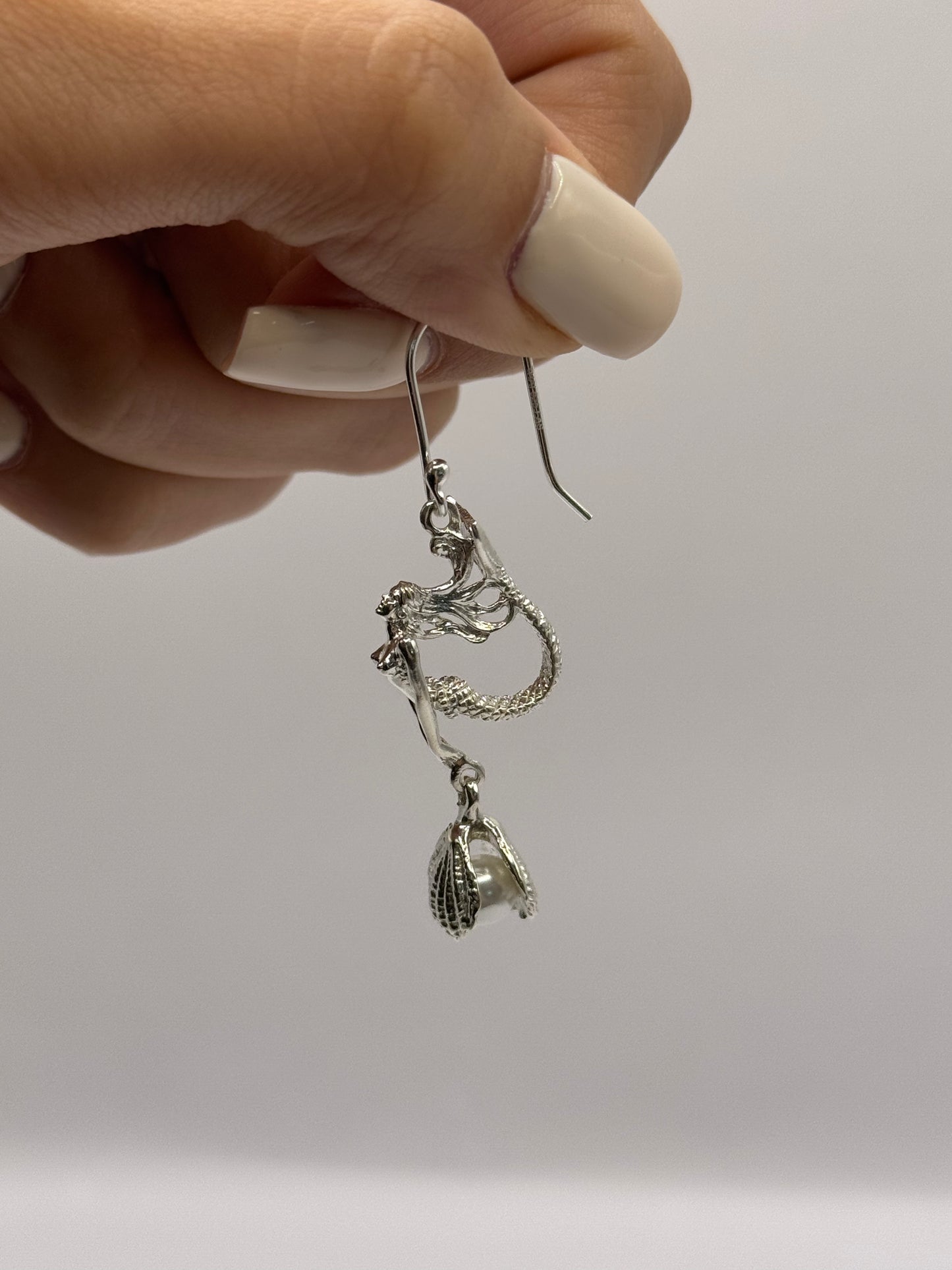 Mermaid Dangle Earrings with Pearl in the Shell for Women, Handcrafted in 925 Sterling Silver, Made in USA