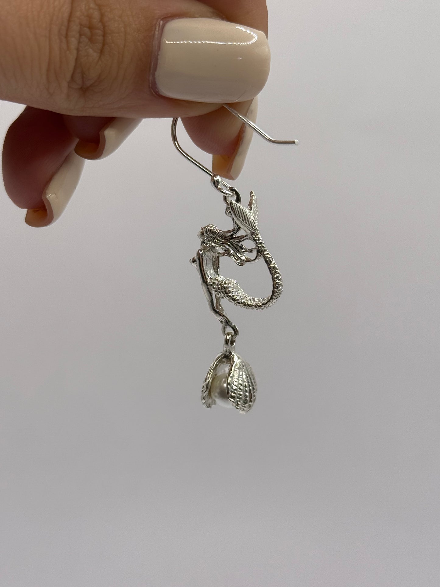 Mermaid Dangle Earrings with Pearl in the Shell for Women, Handcrafted in 925 Sterling Silver, Made in USA