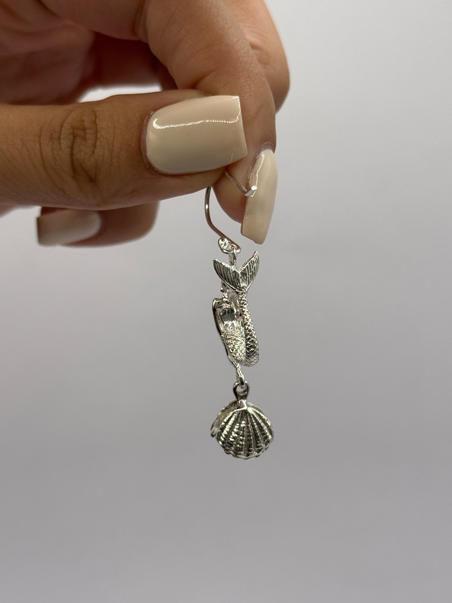 Mermaid Dangle Earrings with Pearl in the Shell for Women, Handcrafted in 925 Sterling Silver, Made in USA