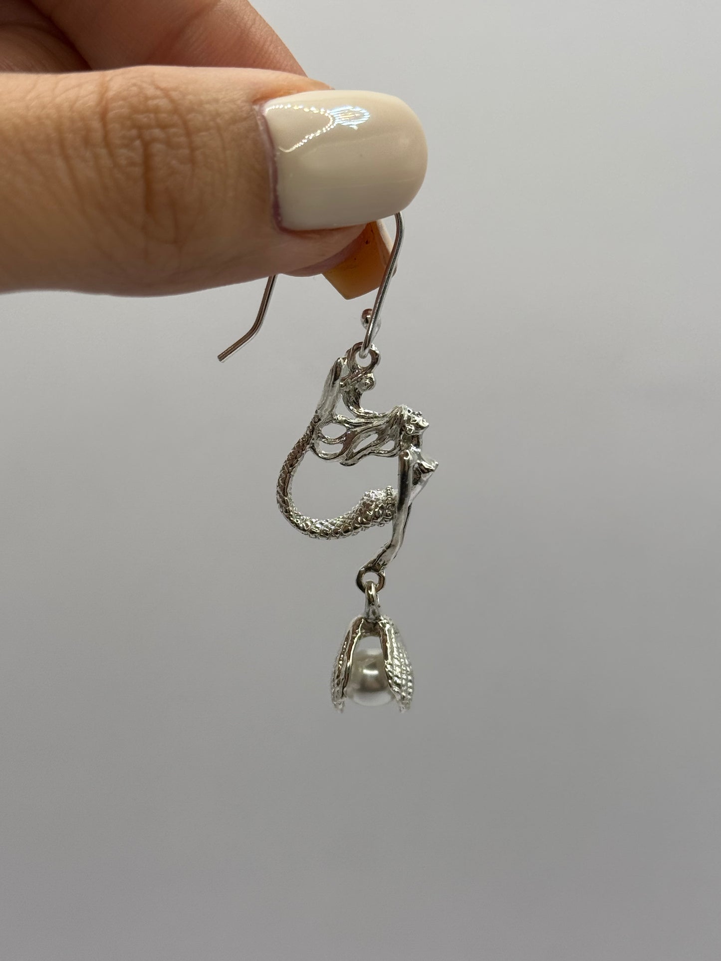 Mermaid Dangle Earrings with Pearl in the Shell for Women, Handcrafted in 925 Sterling Silver, Made in USA