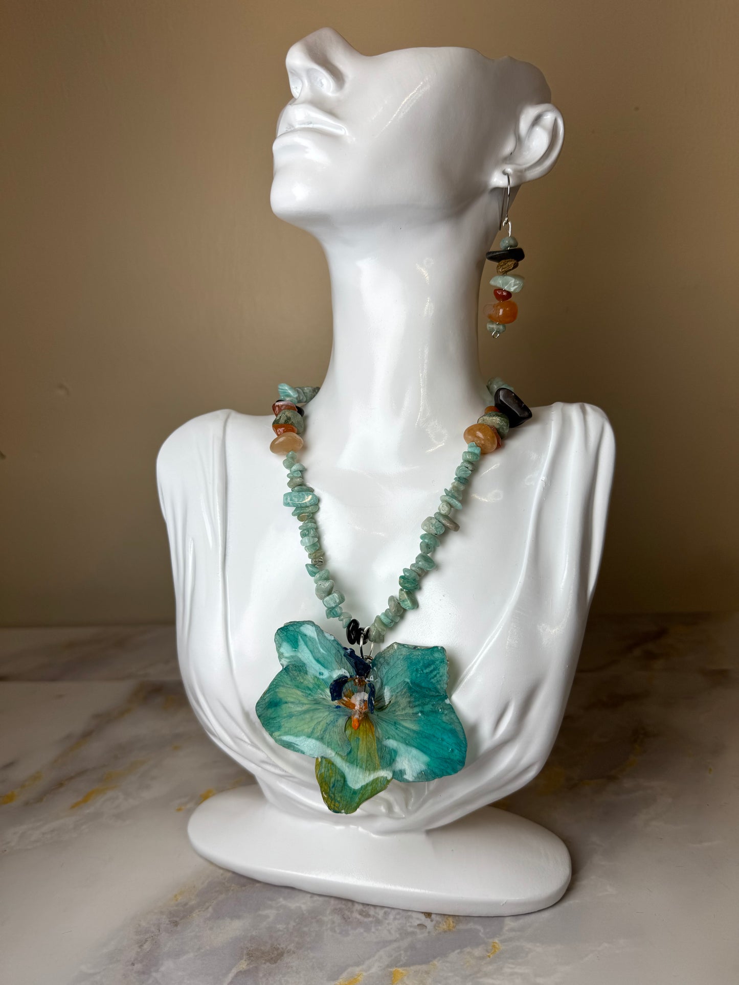 Real Orchid Resin Necklace And Earring Set Made with Natural Stone Accents.