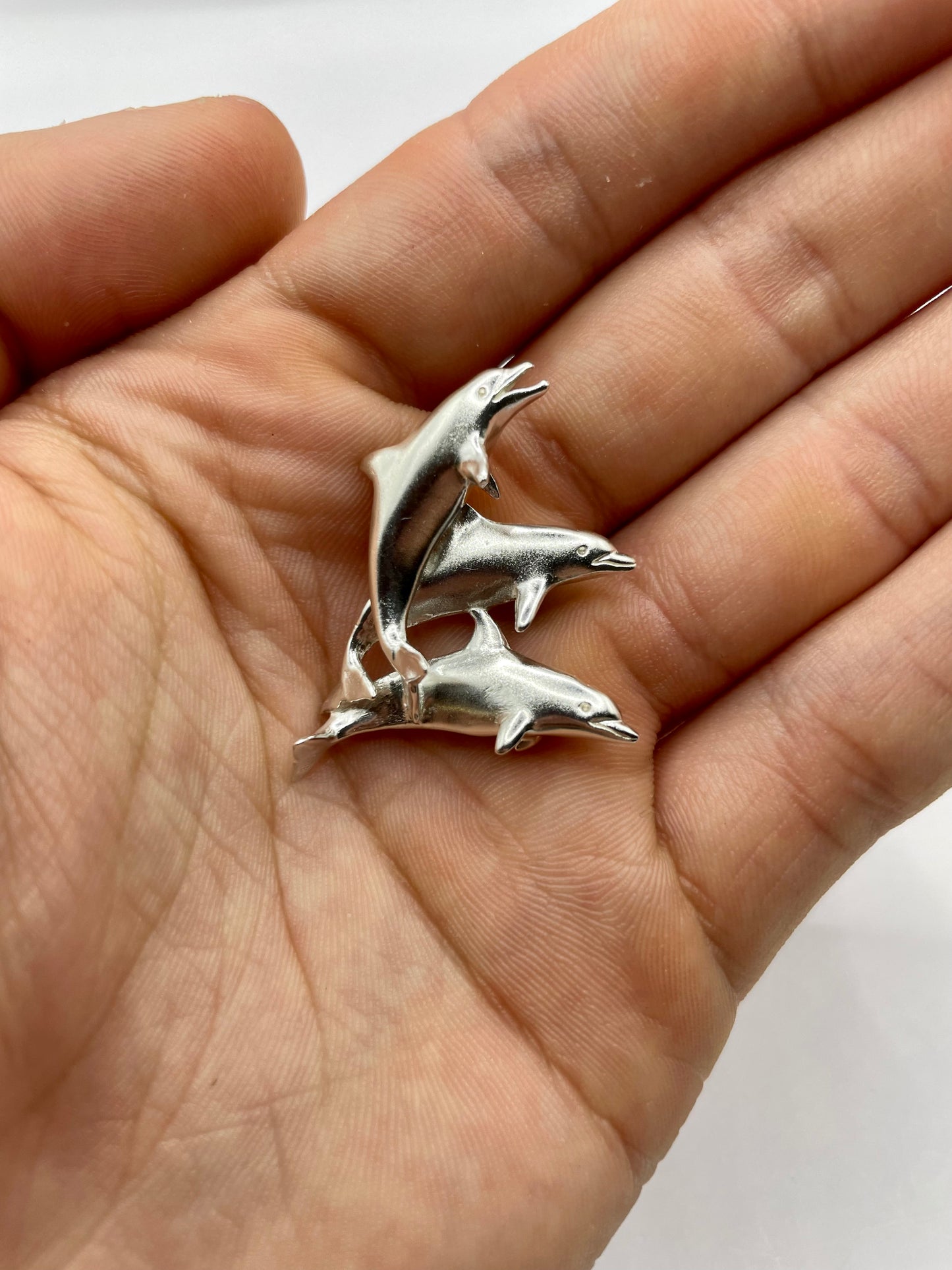 Three Dolphins Necklace – Elegant 925 Sterling Silver 3D Pendant, Perfect Jewelry Gift for Ocean and Marine Life Lovers. Handmade in USA.