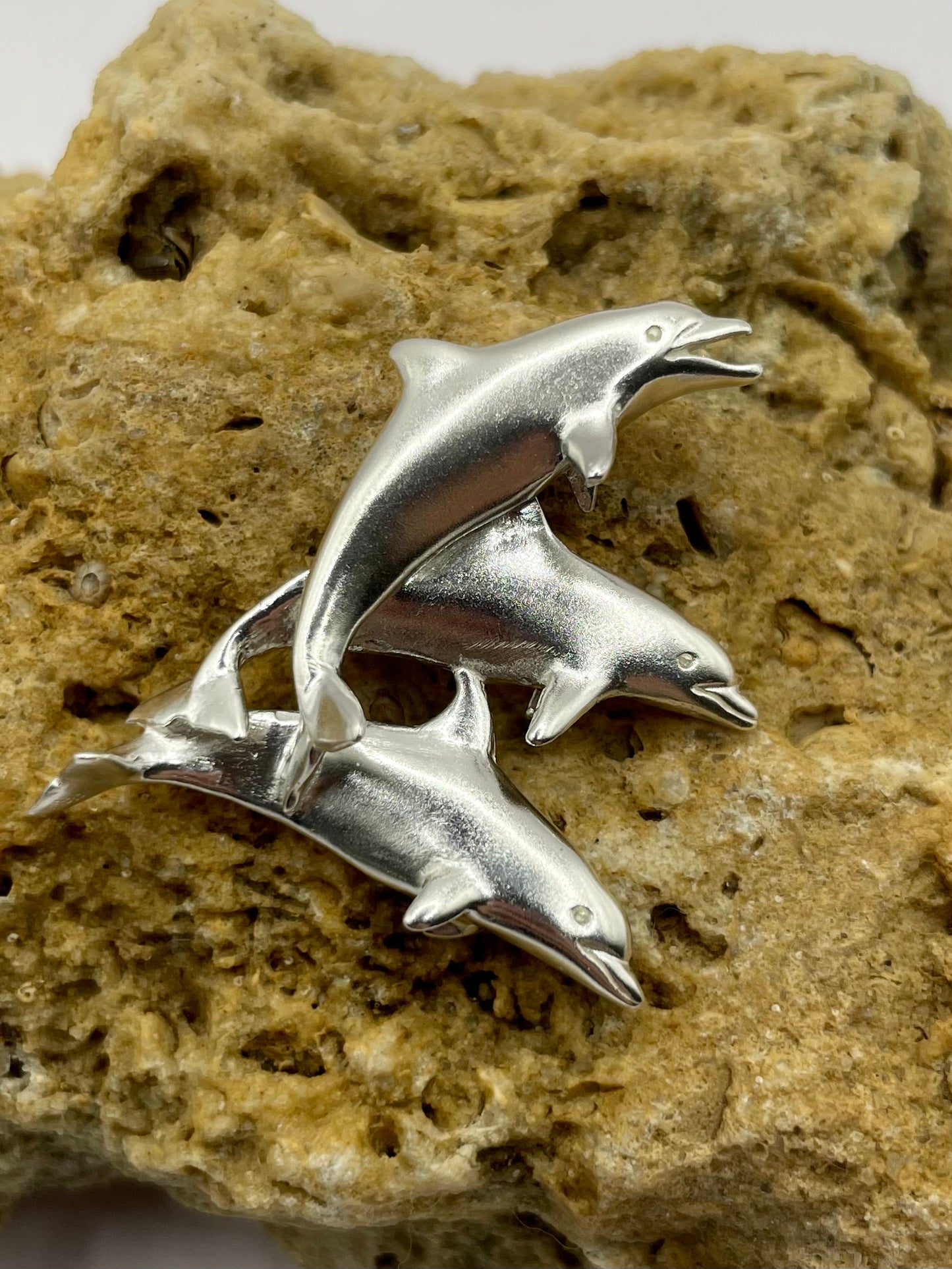 Three Dolphins Necklace – Elegant 925 Sterling Silver 3D Pendant, Perfect Jewelry Gift for Ocean and Marine Life Lovers. Handmade in USA.