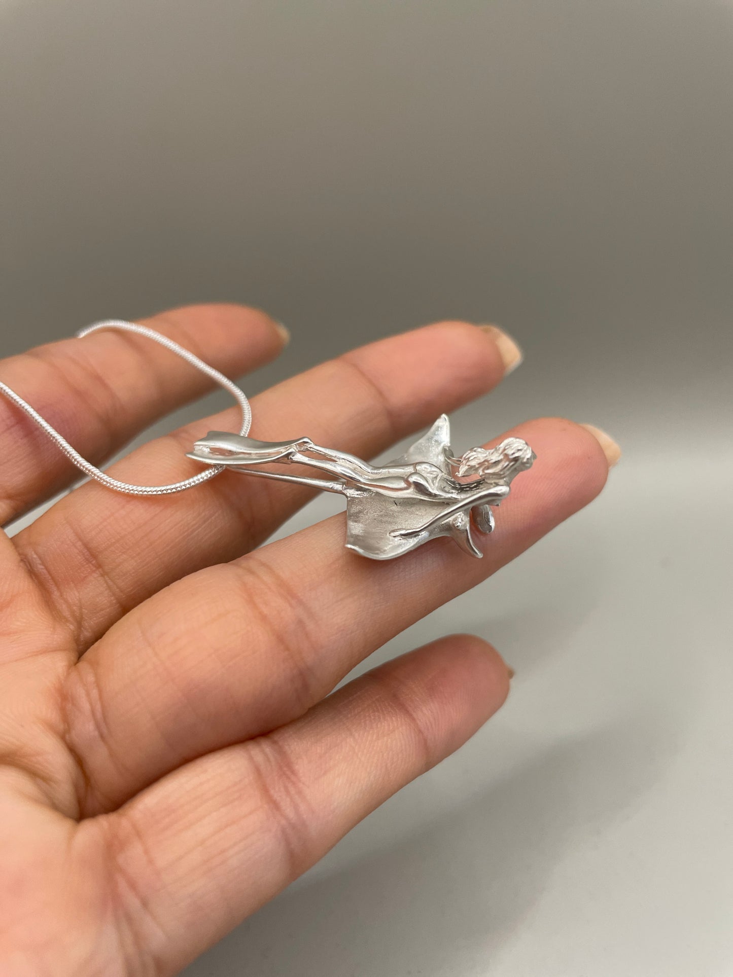 Scuba Girl Riding Manta Ray Necklace, Handcrafted 3D Pendant in 925 Sterling Silver, Unique Design Sea-Life Inspired for Marine Life Enthusiasts. Handmade in USA