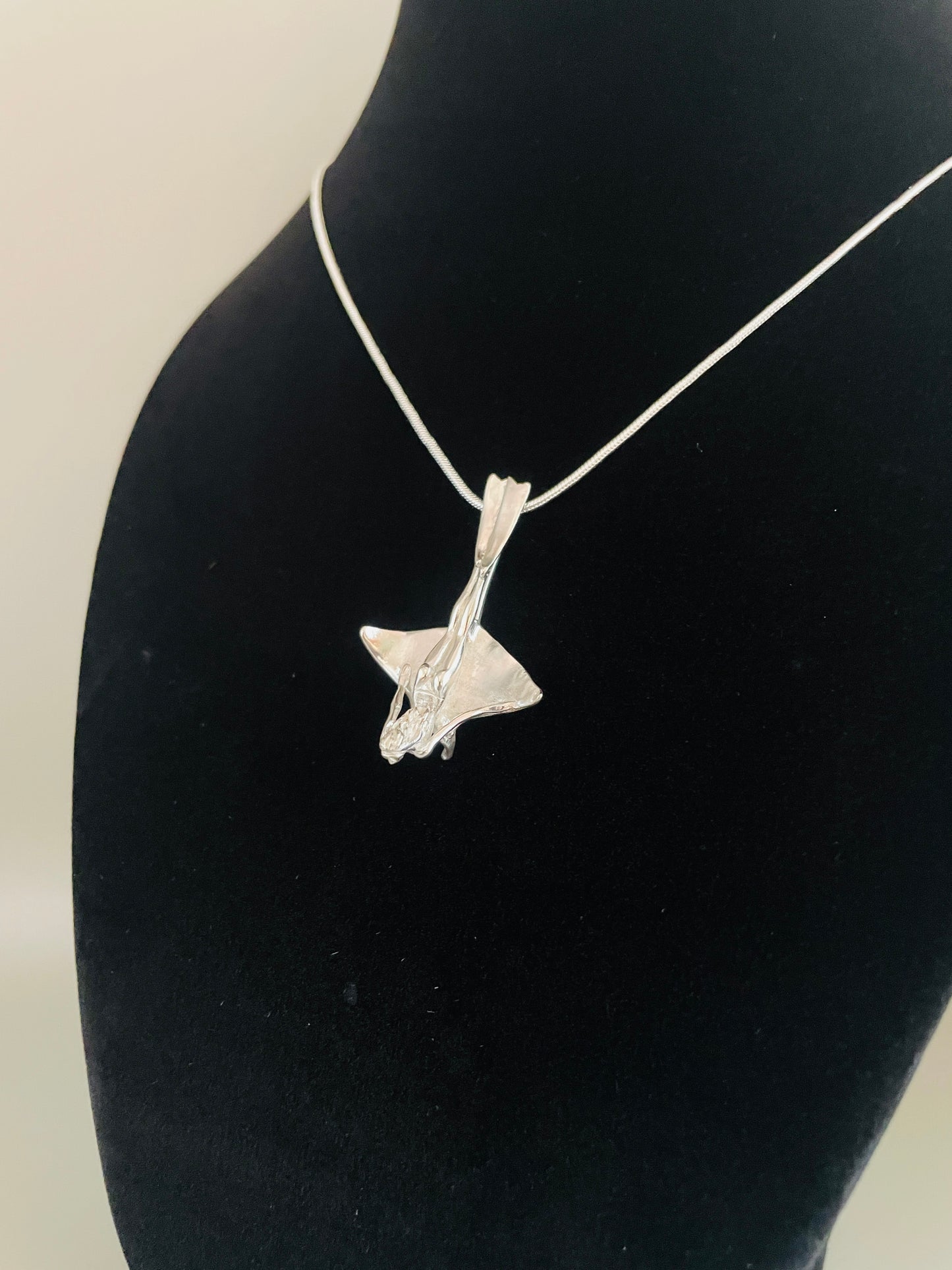 Scuba Girl Riding Manta Ray Necklace, Handcrafted 3D Pendant in 925 Sterling Silver, Unique Design Sea-Life Inspired for Marine Life Enthusiasts. Handmade in USA