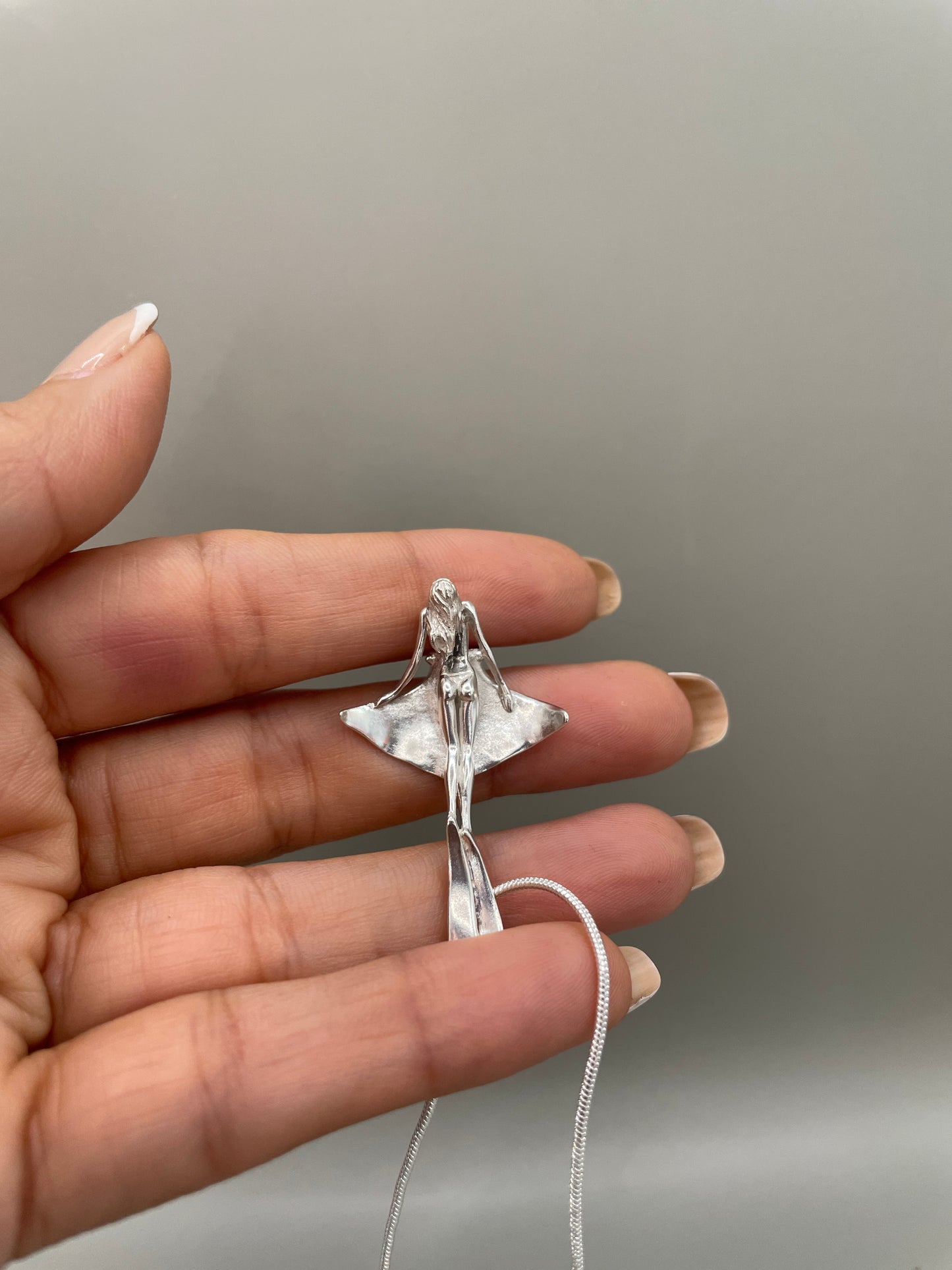 Scuba Girl Riding Manta Ray Necklace, Handcrafted 3D Pendant in 925 Sterling Silver, Unique Design Sea-Life Inspired for Marine Life Enthusiasts. Handmade in USA