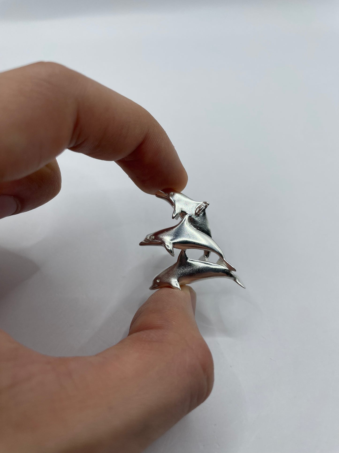 Three Dolphins Necklace – Elegant 925 Sterling Silver 3D Pendant, Perfect Jewelry Gift for Ocean and Marine Life Lovers. Handmade in USA.