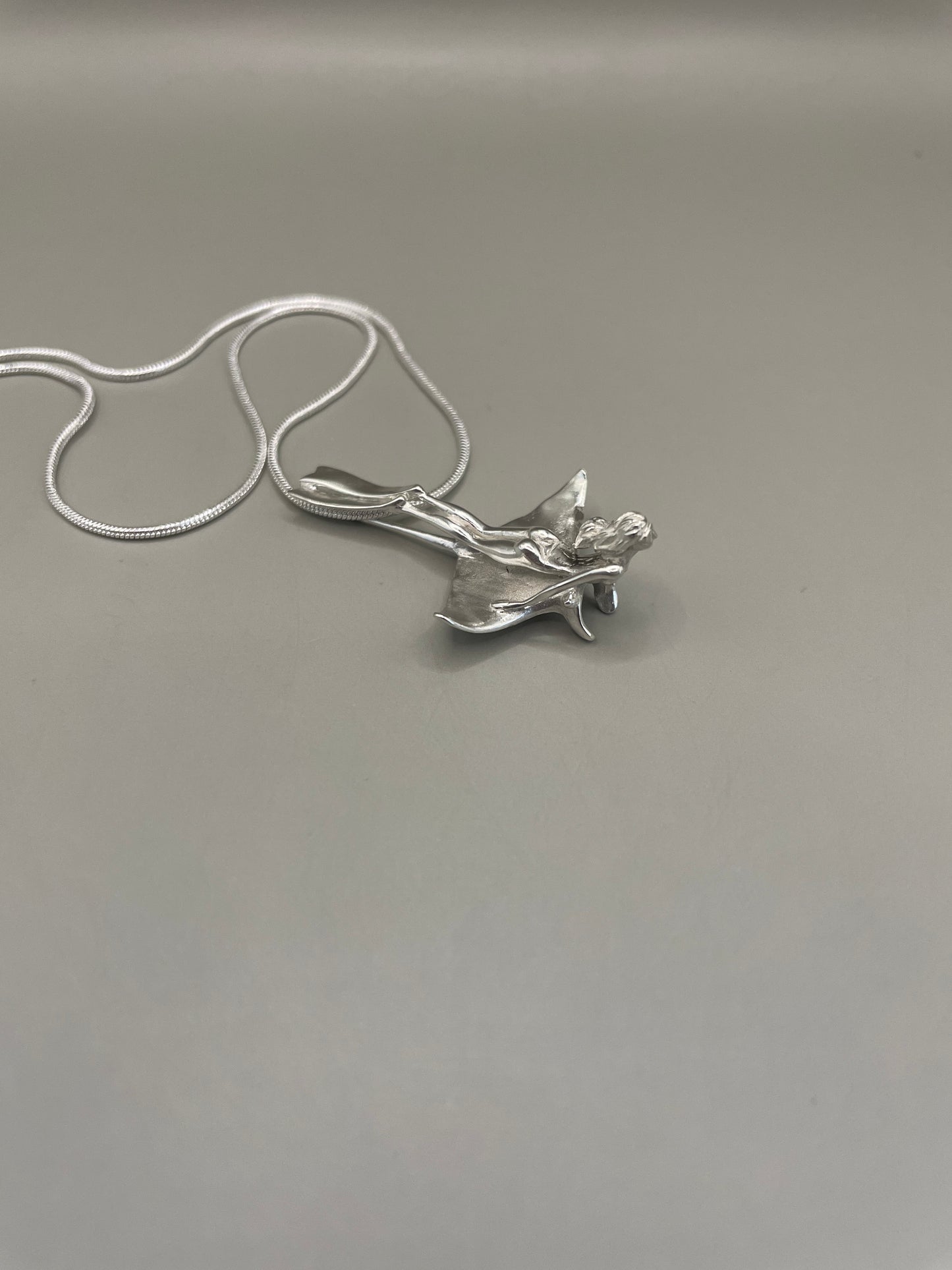 Scuba Girl Riding Manta Ray Necklace, Handcrafted 3D Pendant in 925 Sterling Silver, Unique Design Sea-Life Inspired for Marine Life Enthusiasts. Handmade in USA