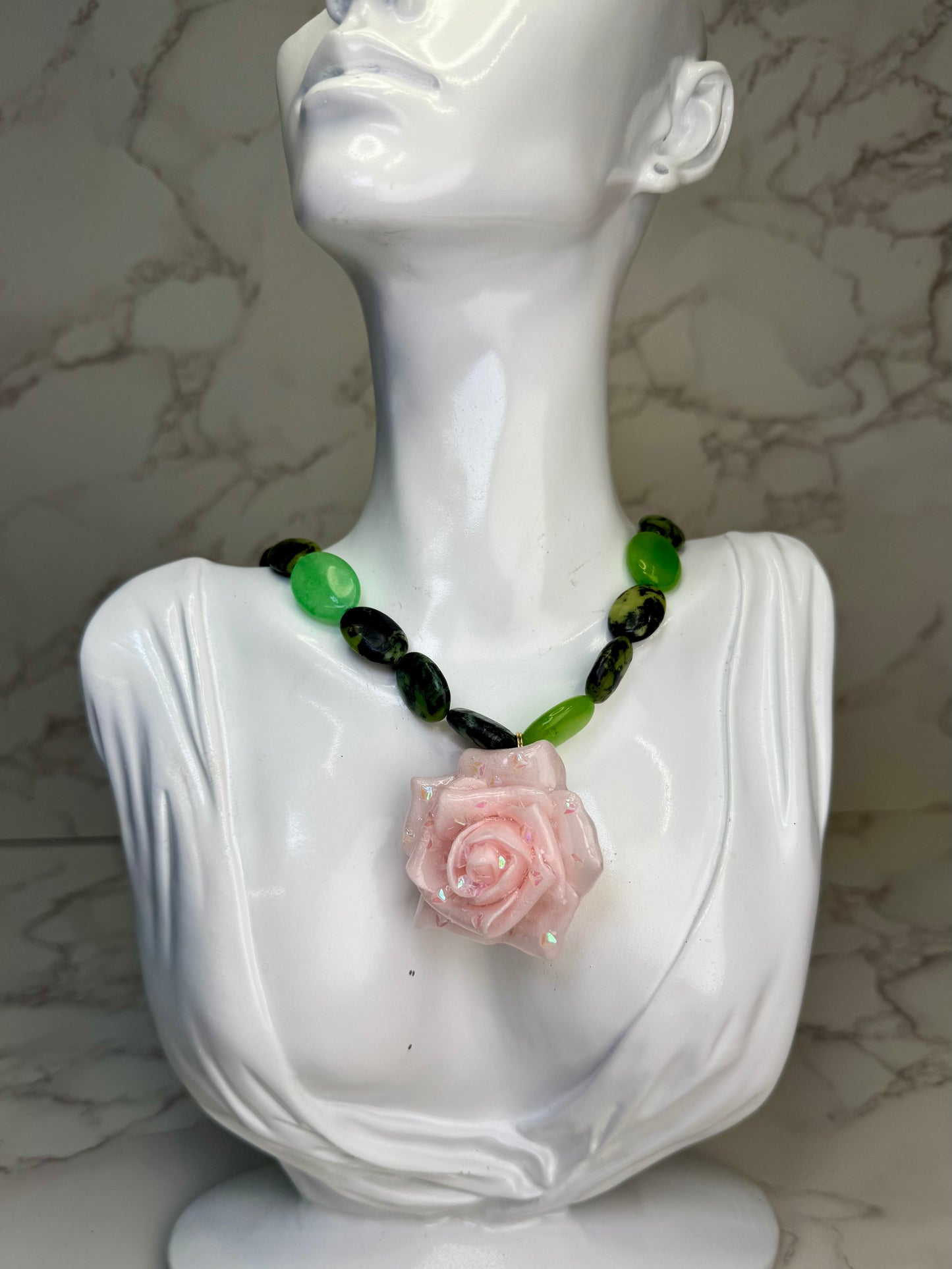 Aly Handmade Green Natural Stone Necklace with Pink Flower | Floral Pendant Jewelry | Made in USA