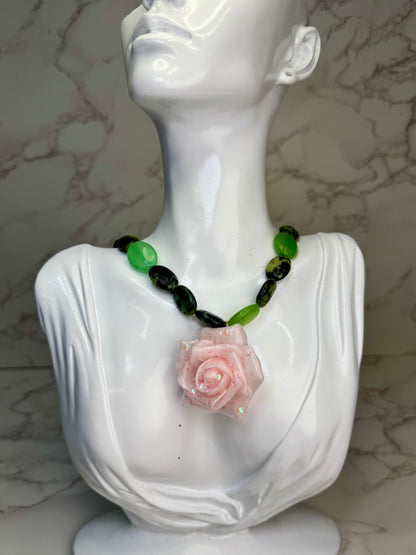 Aly Handmade Green Natural Stone Necklace with Pink Flower | Floral Pendant Jewelry | Made in USA