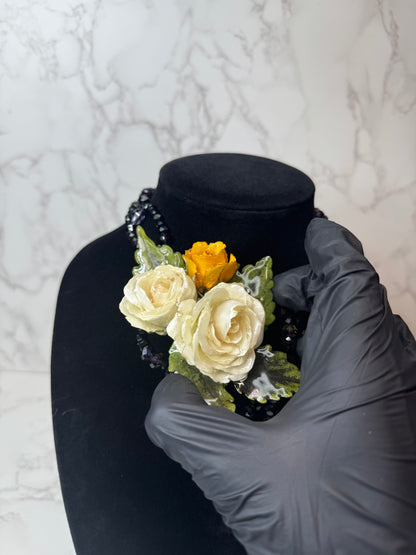 Theresa Eternal Rose – Real Yellow & White Roses in UV Resin & Black crystal Necklace | Handmade Floral Jewelry | Made in USA