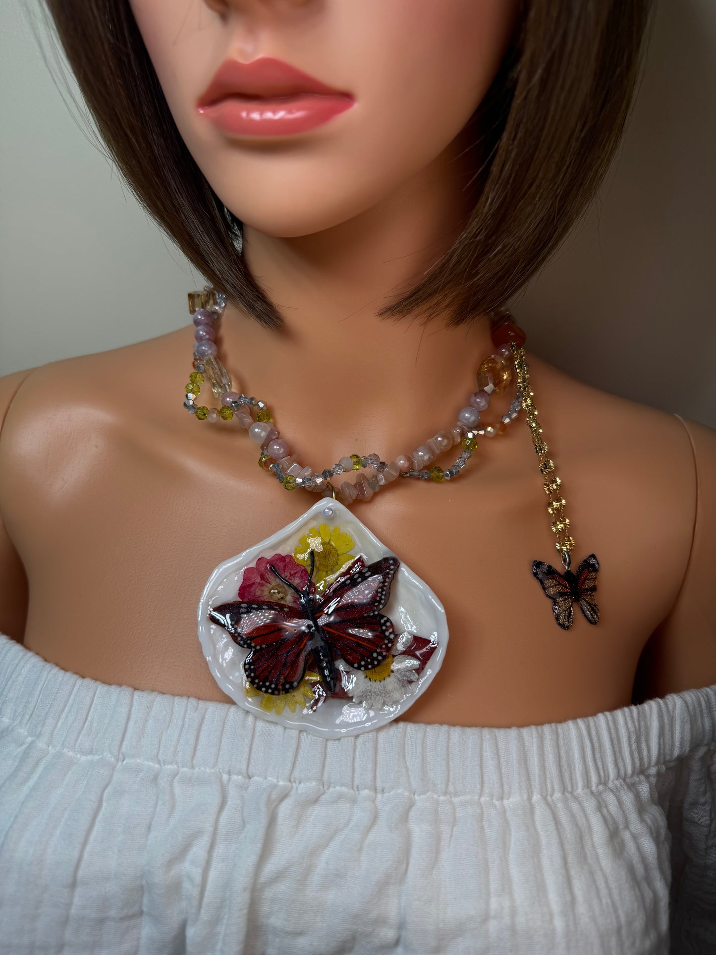 Celestial Breeze Natural Seashell Butterfly Necklace | Handmade Coastal Jewelry | UV Resin Ocean Art