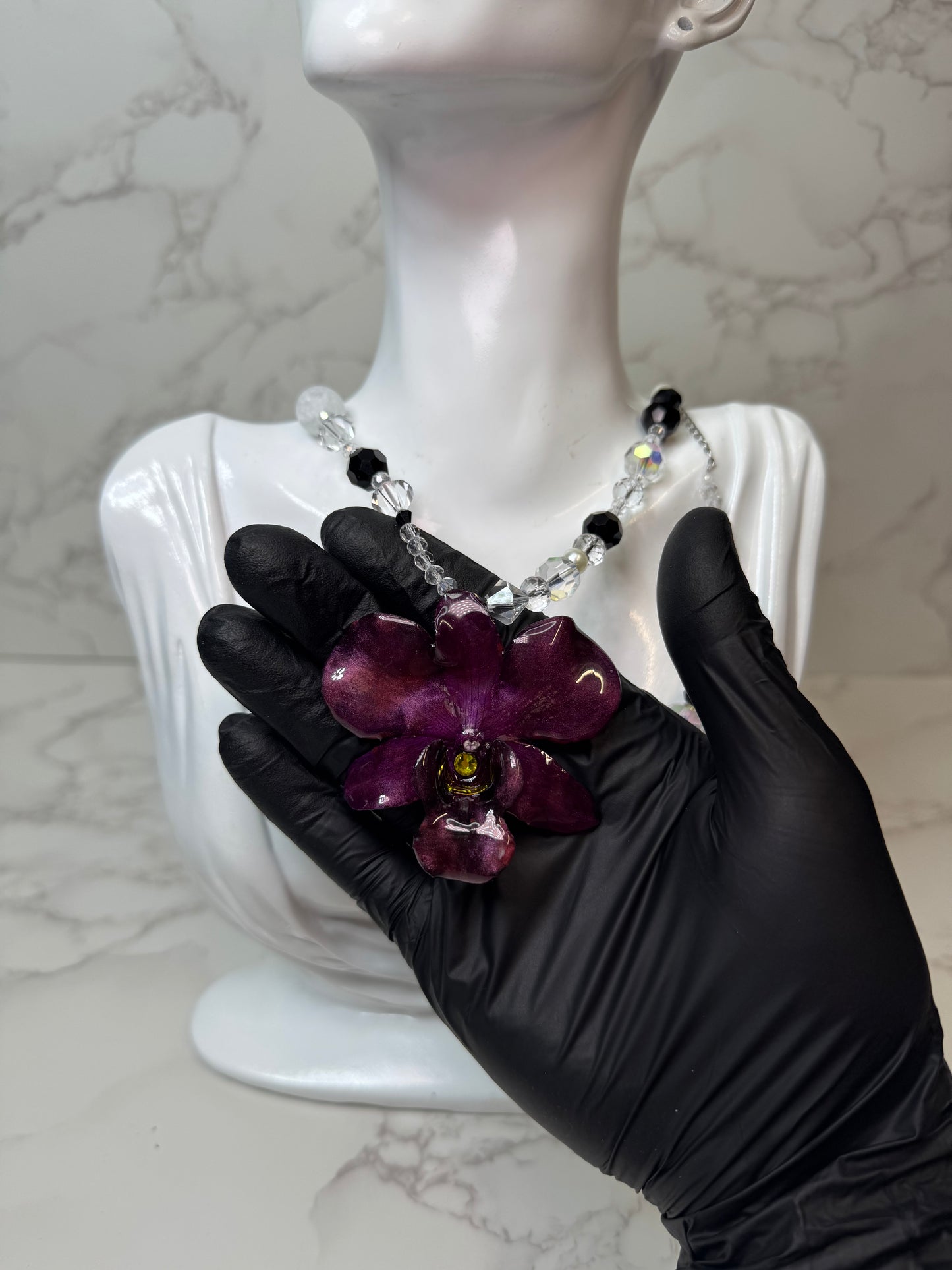 Night Handmade Real Mini Dark Red Orchid Necklace | Resin Flower Jewelry | Made in USA)
