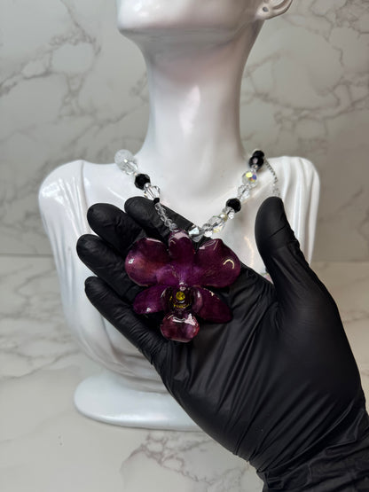 Night Handmade Real Mini Dark Red Orchid Necklace | Resin Flower Jewelry | Made in USA)