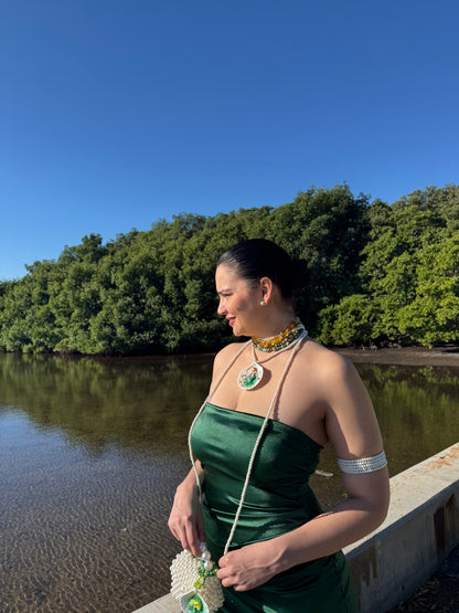 Caelara – LIMITED EDITION – NYFW EXHIBITION PIECE Natural Seashell Art Necklace with Hand-Carved Green Mermaid, Pearl and Crystal Details, Green and Amber Beaded Crystal Necklace