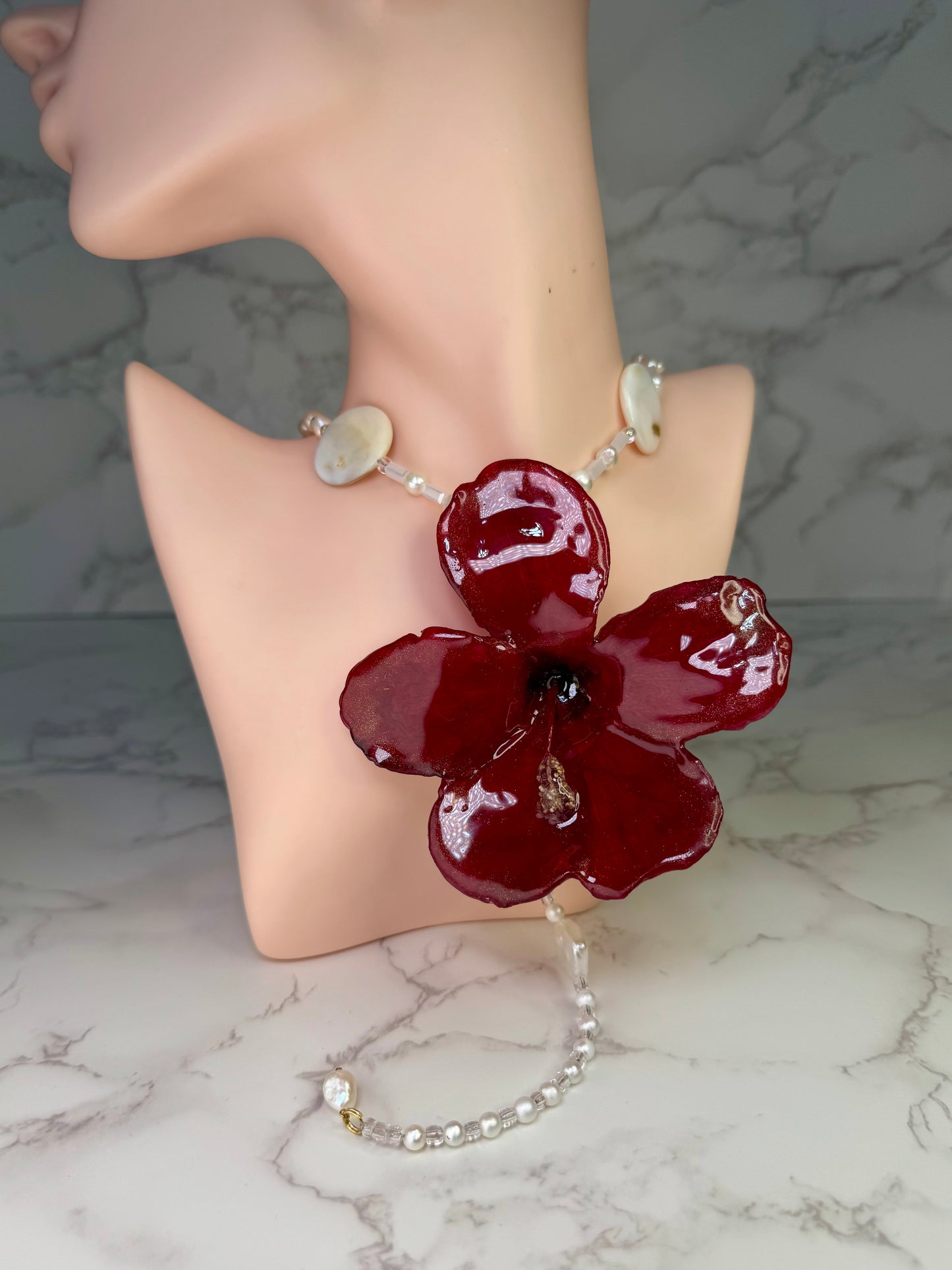 The Island Radiance – Red Hibiscus & Ocean Pearl Elegance