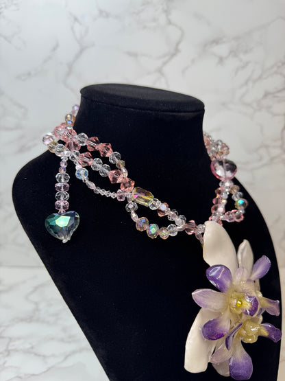 Diana Three Real Preserved Orchids & White Plumeria Necklace| Handmade Botanical Jewelry | Floral Art