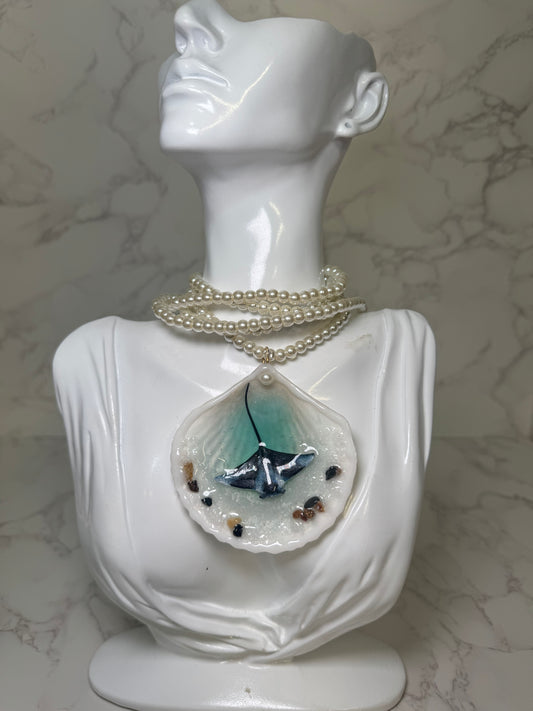 Manta Cielo Beautiful  Handmade Manta Ray Necklace Encapsulated in Real Shell with UV Resin on Fine Crystal Beads