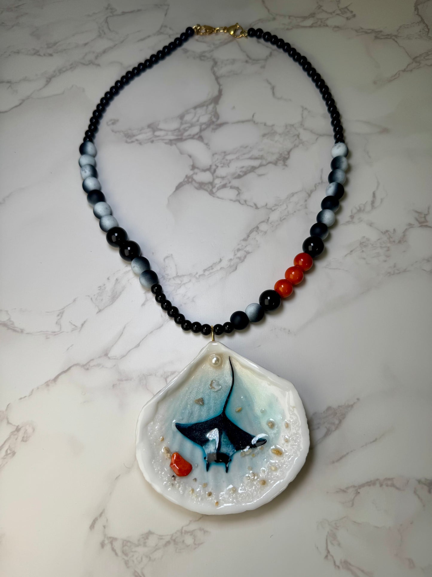 Beautiful Manta Ray Handmade Manta Ray Necklace Encapsulated in Real Shell with UV Resin on Fine Crystal Beads