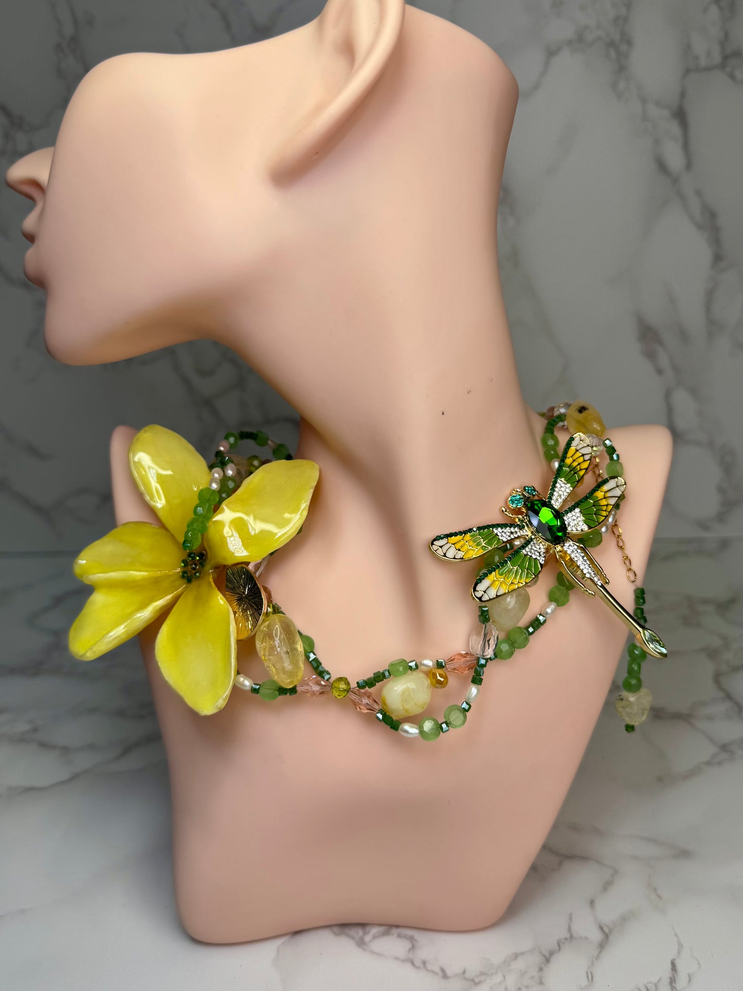 Dalia Golden Dragonfly Yellow Plumeria with Dragonfly – Clear Crystal Necklace | Handmade Floral Jewelry