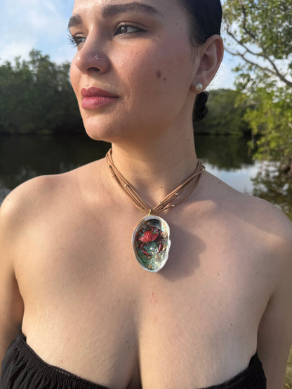 Crimson Cove Keeper Natural abalone seashell featuring a metal handmade red-and-black dotted crab, multiple tiny seashells, and small glass balls encapsulated in clear UV resin Beautiful extra large brown Leather Necklace