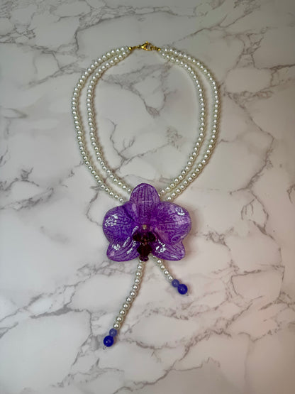 Purple Real Orchid Necklace | Handmade Flower Jewelry | Botanical Statement Pendant