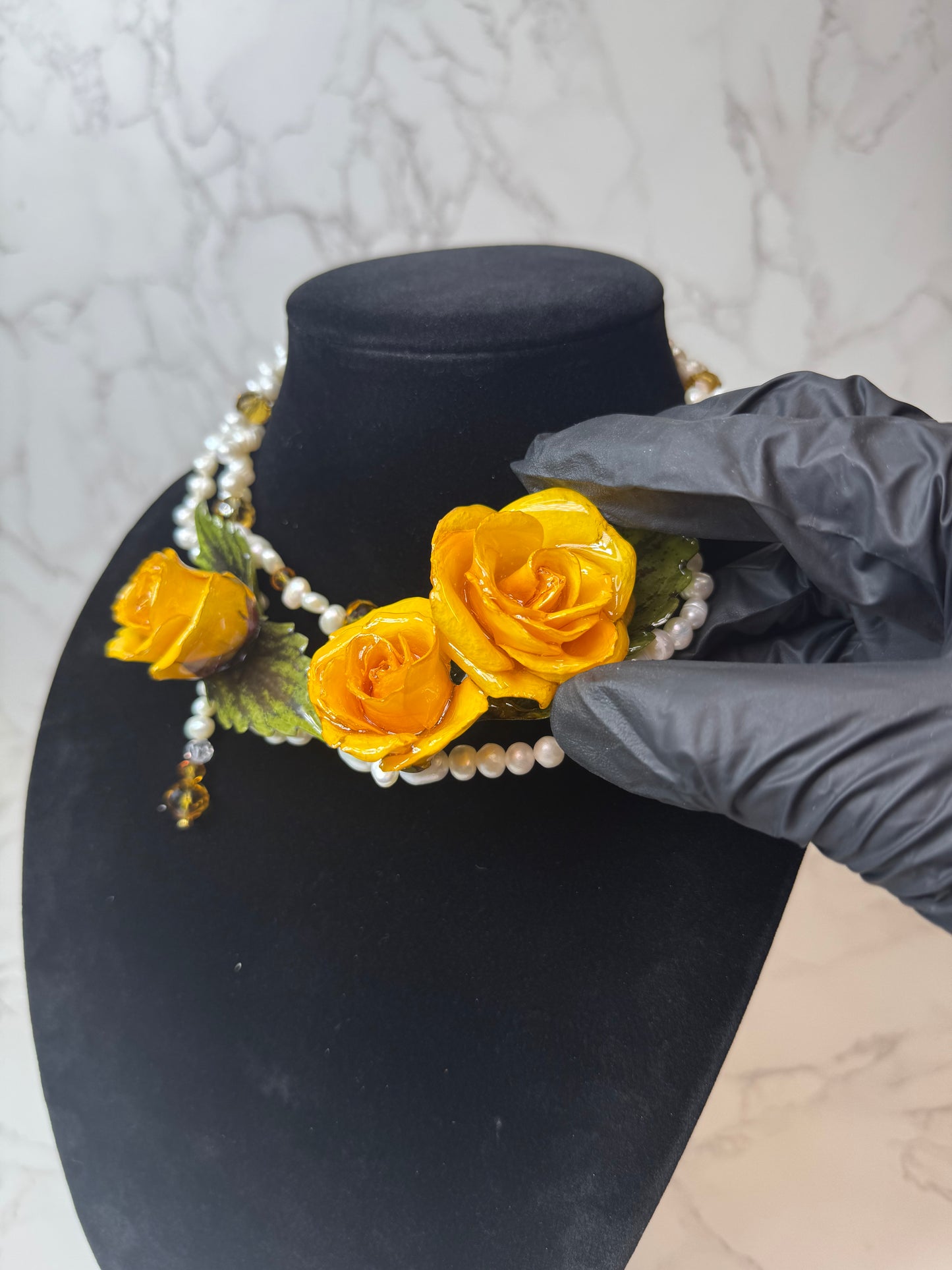 Ana Eternal Rose – Real Yellow Rose in UV Resin & Freshwater Pearl Necklace | Handmade Floral Jewelry | Made in USA