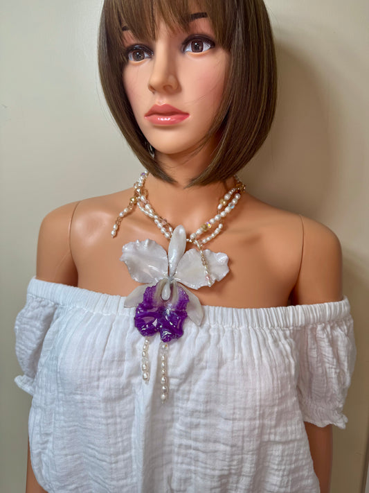 Real Cattleya Orchid Crystal Necklace | Handmade Flower Jewelry | Botanical Statement Pendant