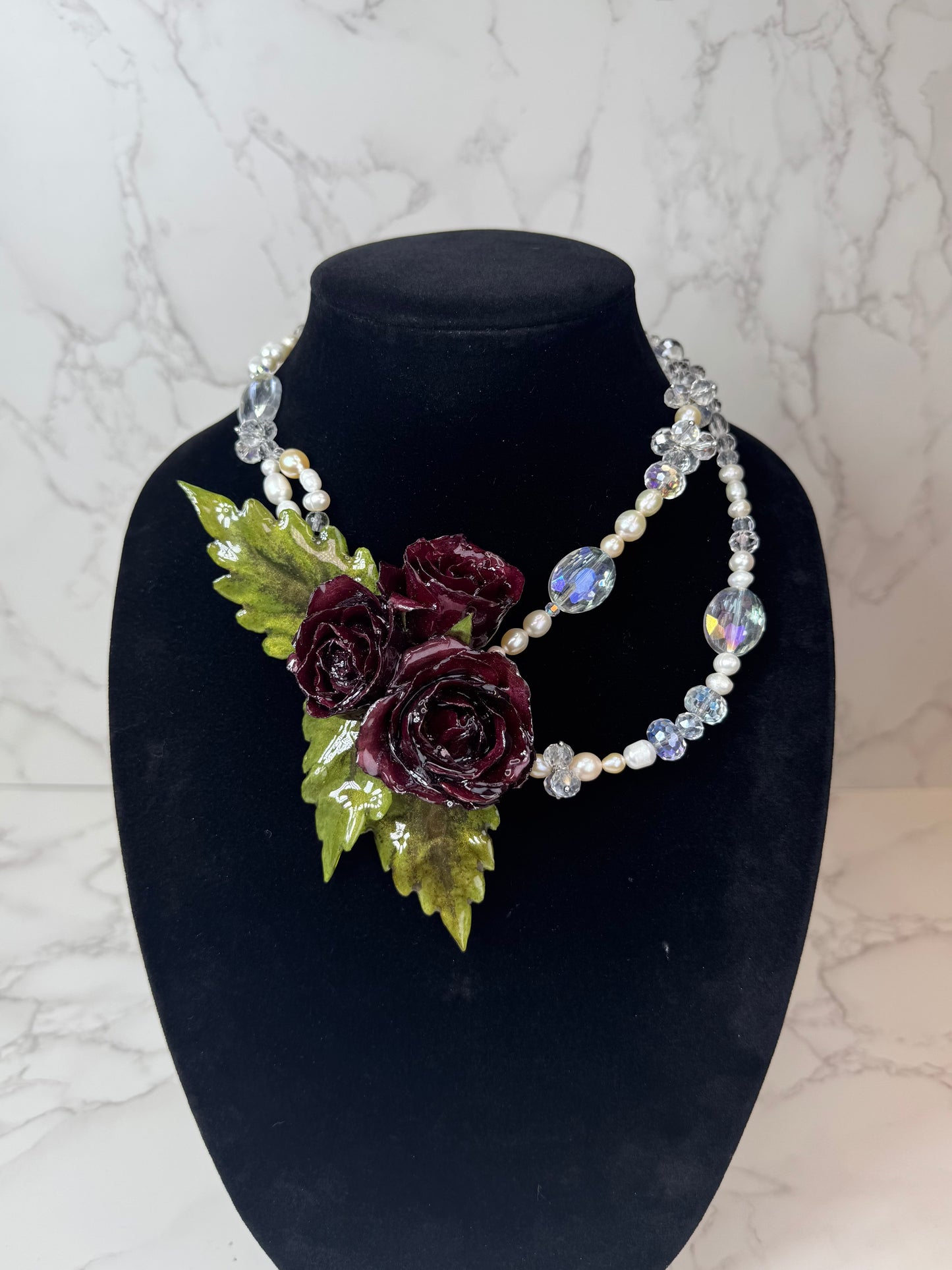 3 Aurora Eternal Rose – Real Red Rose in UV Resin & Freshwater Pearl Necklace | Handmade Floral Jewelry | Made in USA